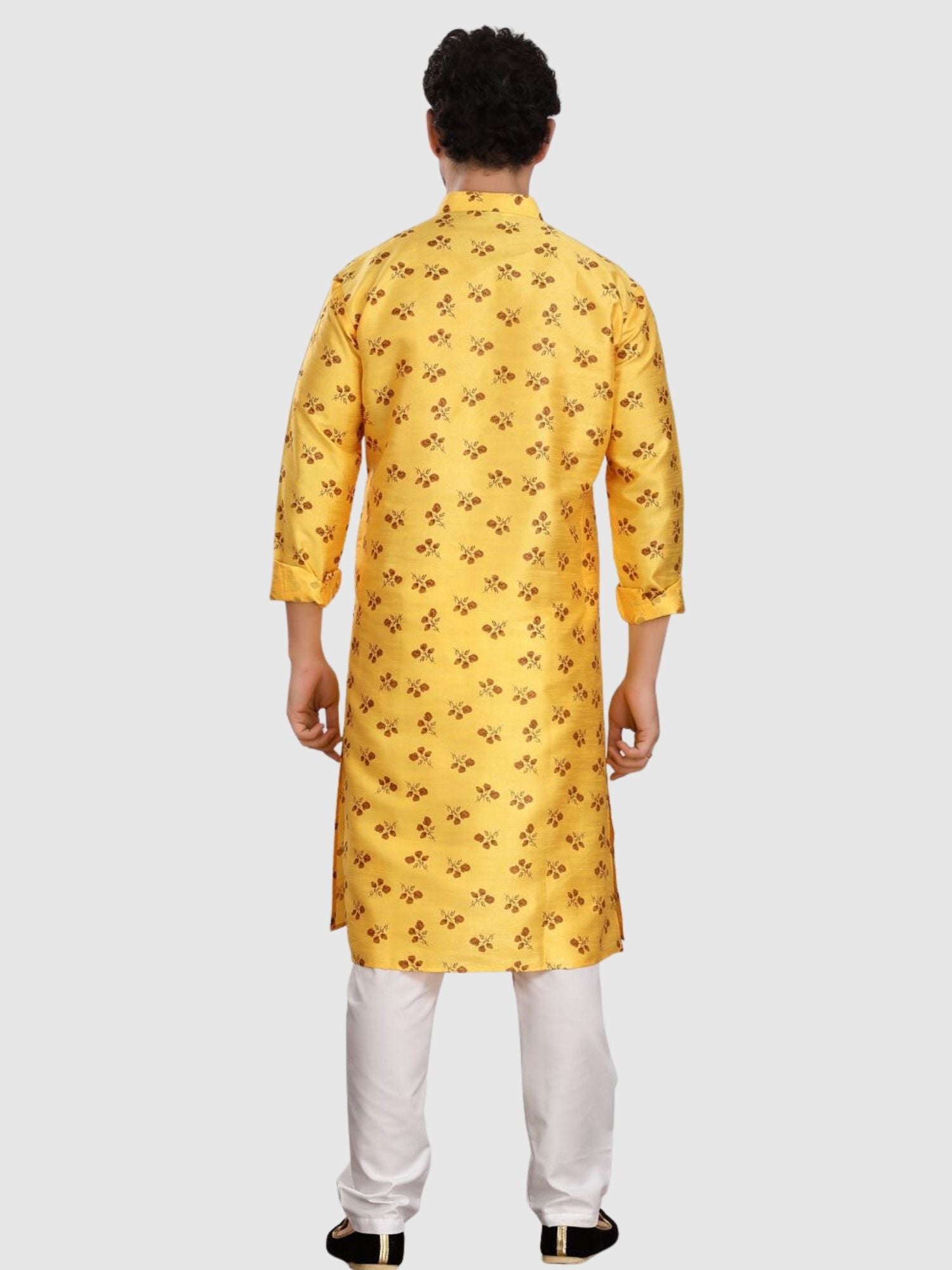 Shine Of Yellow Silk Printed Kurta  and Matching Dhoti