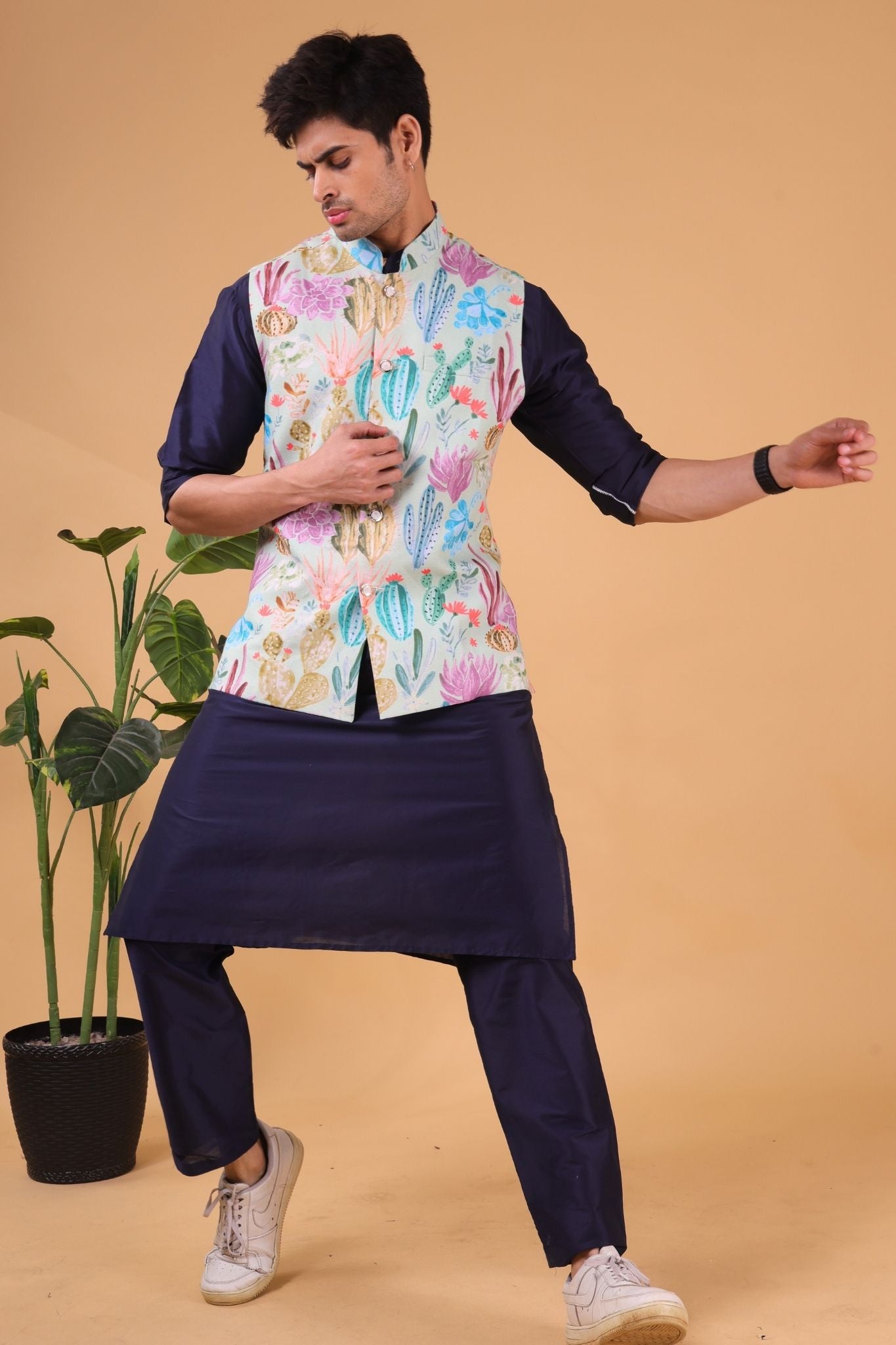 Light Green Solid Pattern Silk Kurta Jacket Set