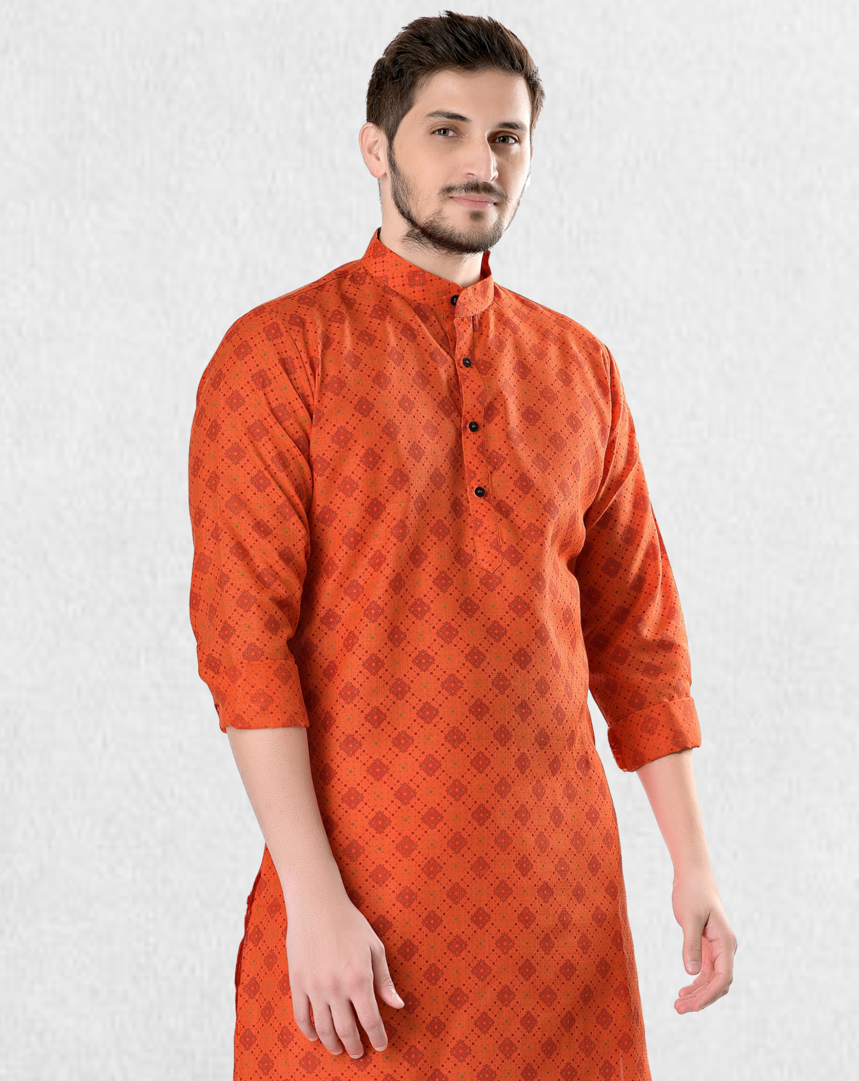 Tiger Orange Cotton Designer Printed Kurta  and Matching Dhoti