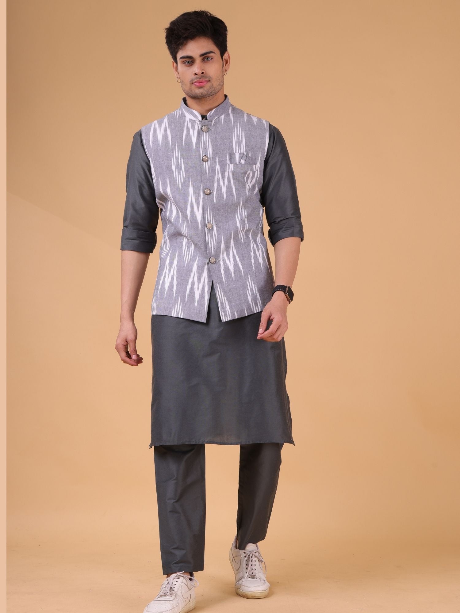 Metal Grey  Solid Pattern Kurta Jacket Set