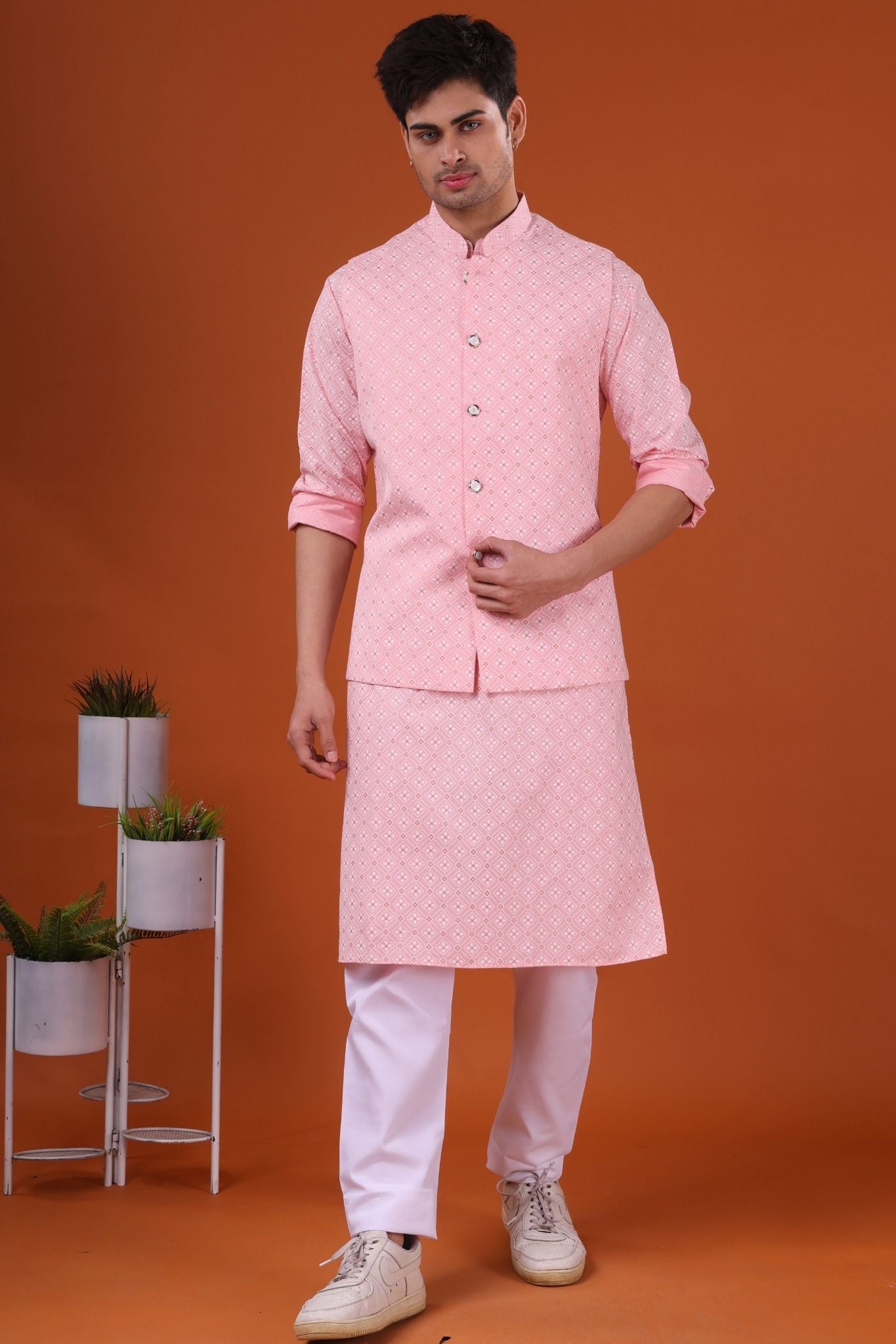 Persion Pink Lotus Gold Printed Cotton Kurta Jacket Set