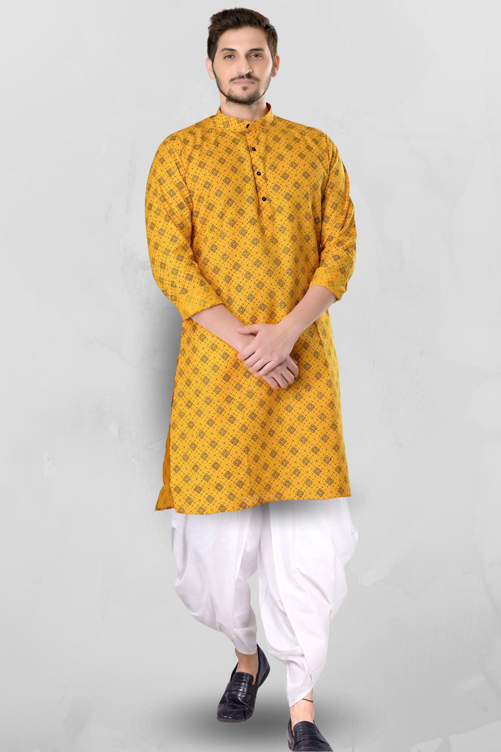 Shine Of Yellow Cotton Designer Printed Kurta Peshawari Set