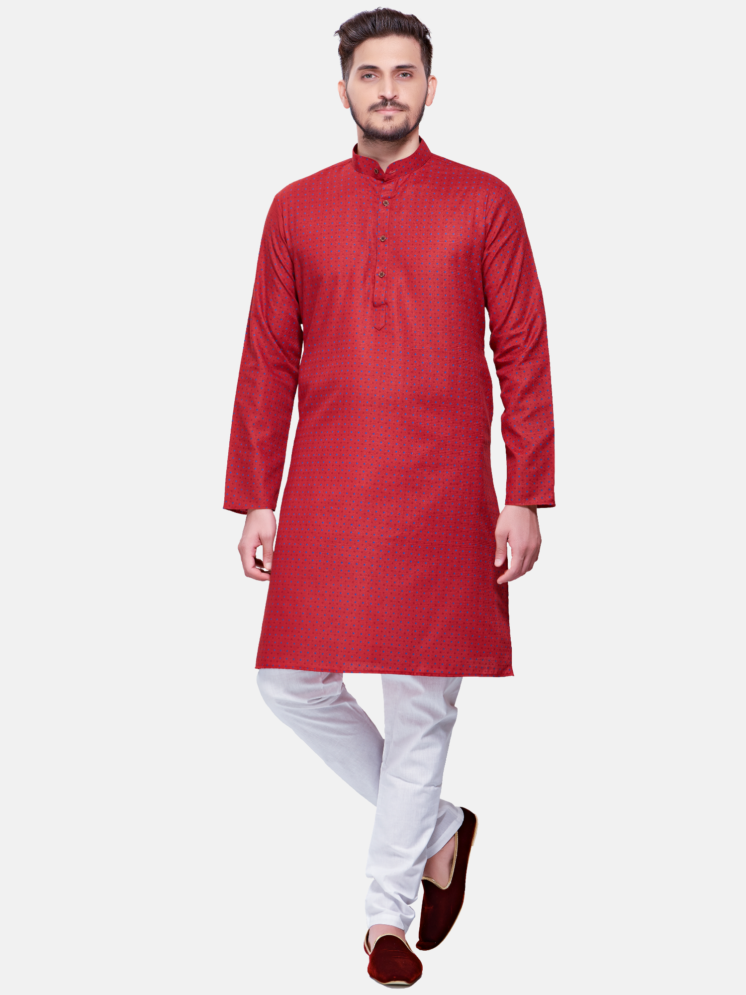 Barn Red Dot Printed Cotton  Kurta  and Matching Dhoti