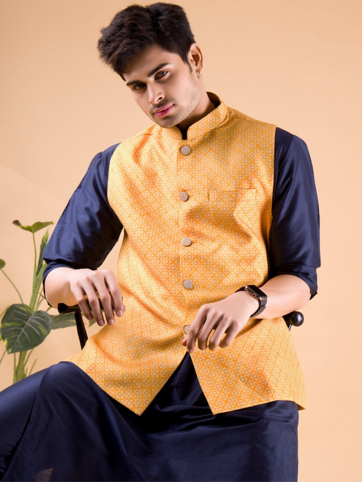 Shine of Yellow Buti Pattern Cotton Silk Nehru Jacket