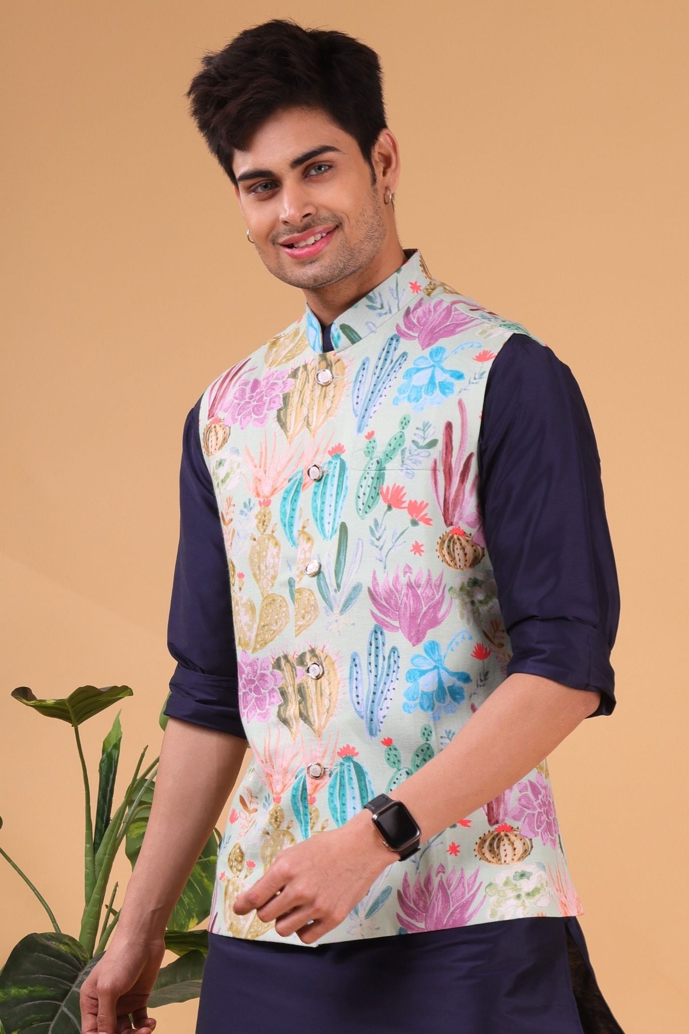 Light Green Solid Pattern Silk Kurta Jacket Set