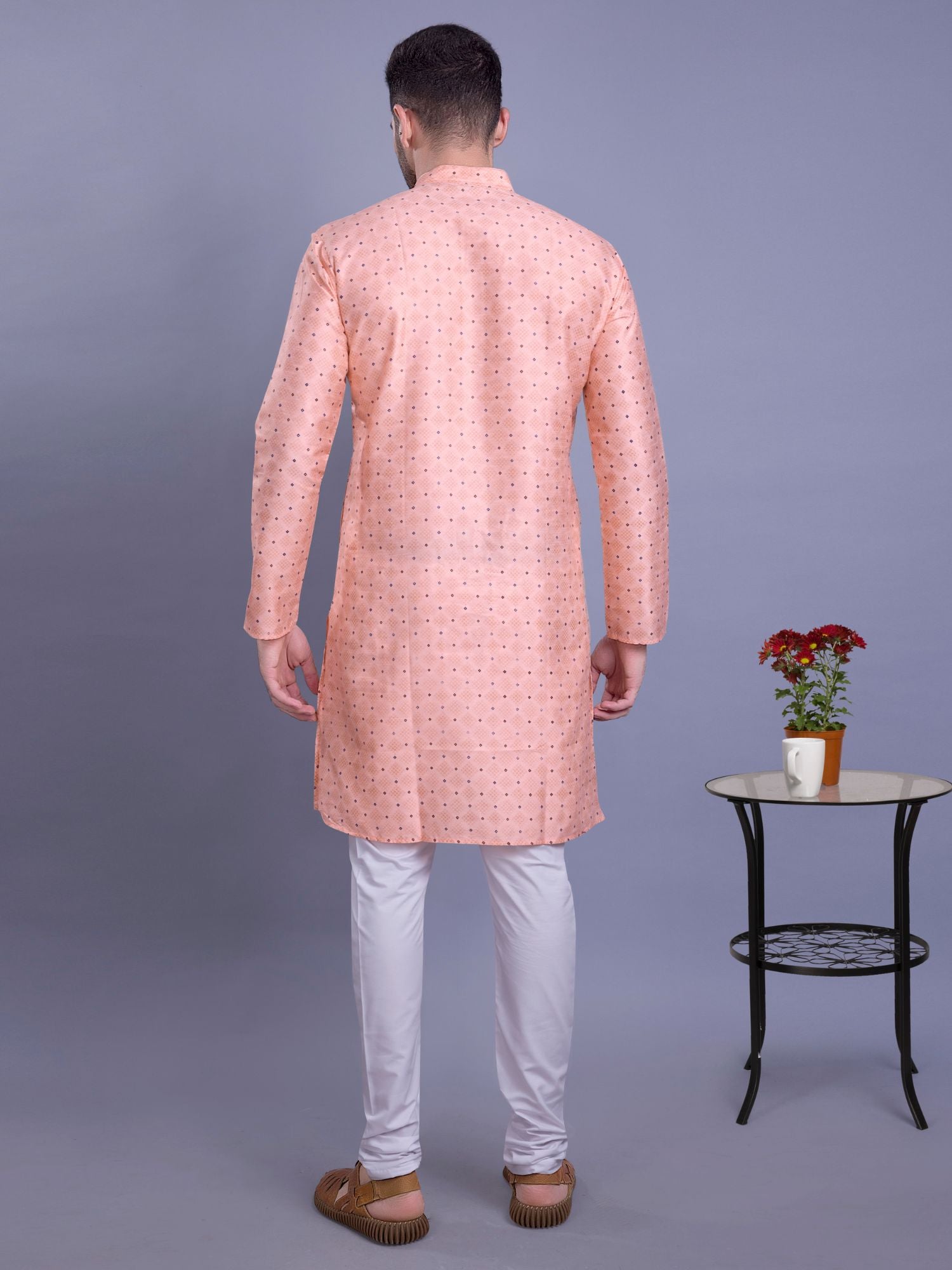 Coral Peach Hloom Printed Silk Kurta