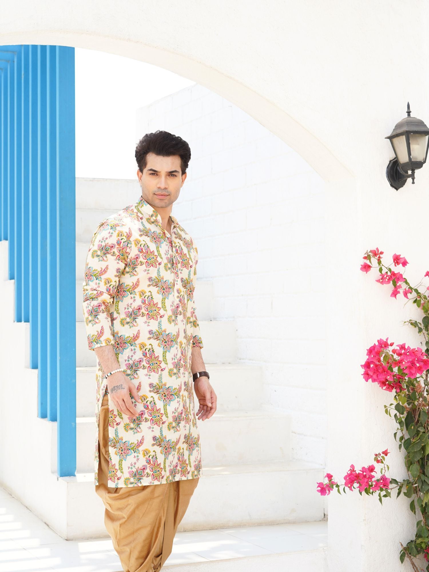 Butter Cream Floral Printed Cotton Kurta