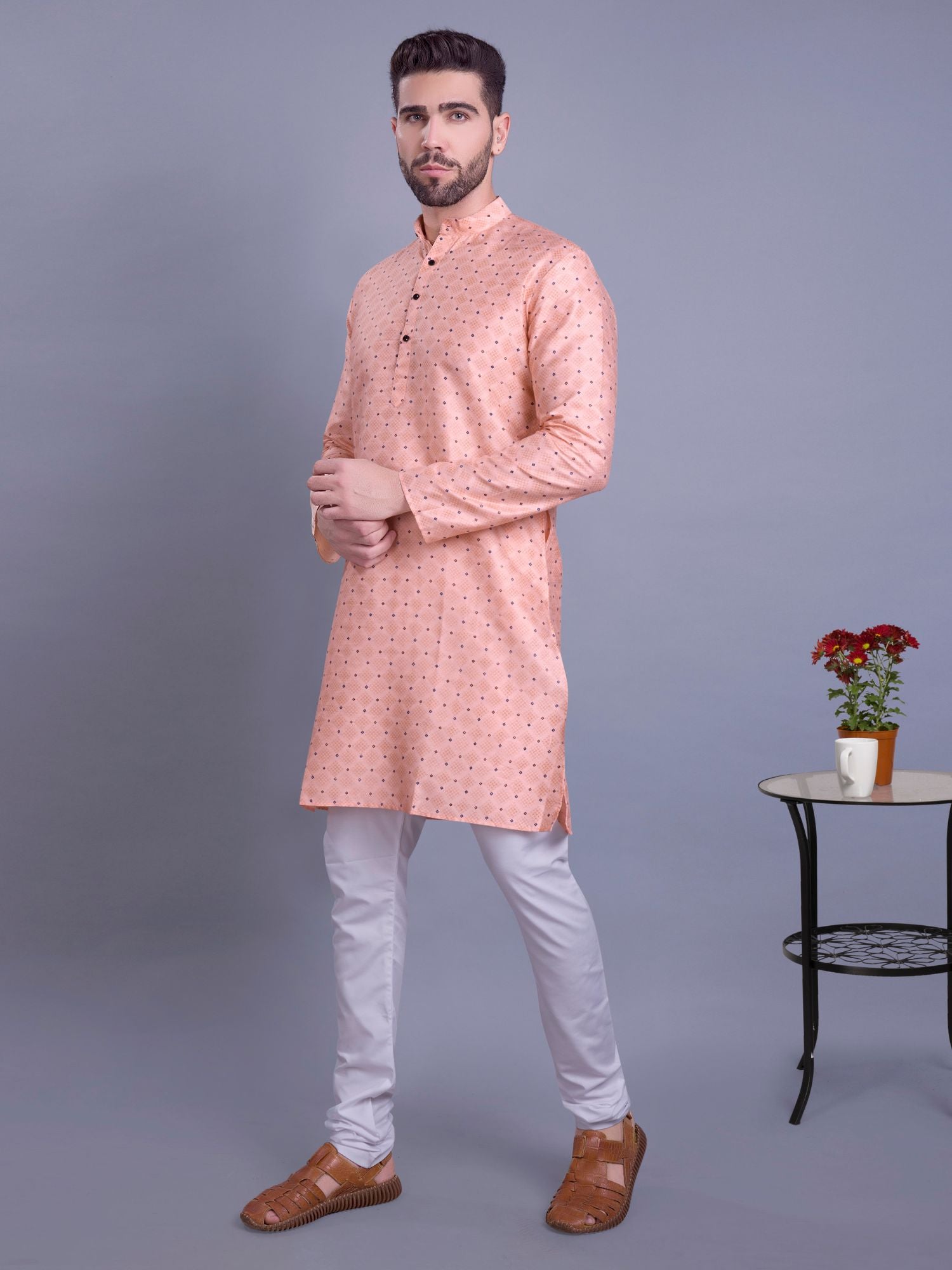 Coral Peach Hloom Printed Silk Kurta