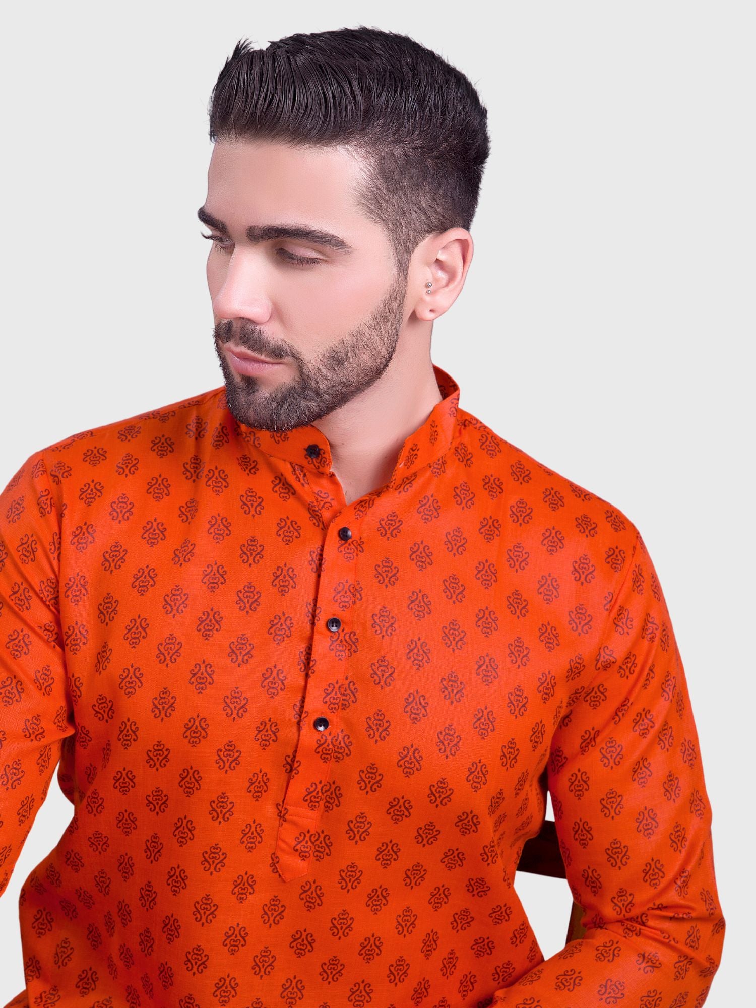 Apricot Orange Hloom Printed Cotton Kurta