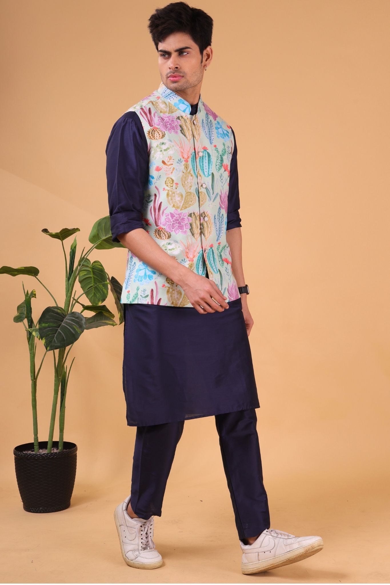 Iris Blue Solid Pattern Silk Kurta Jacket Set