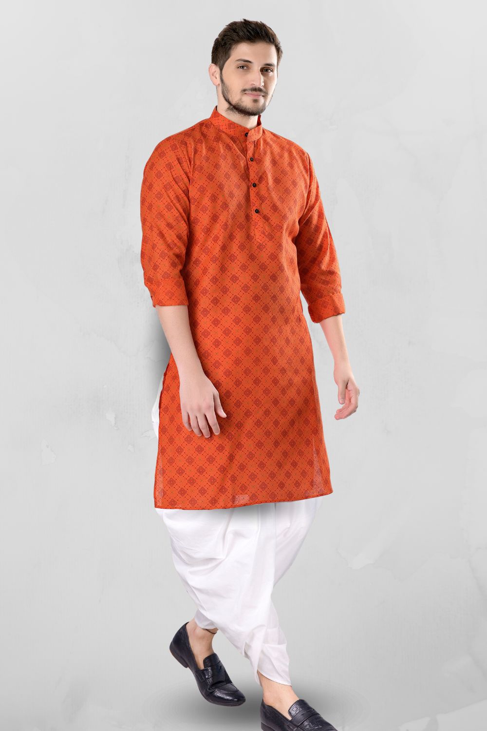 Tiger Orange Cotton Designer Printed Kurta Peshawari Set