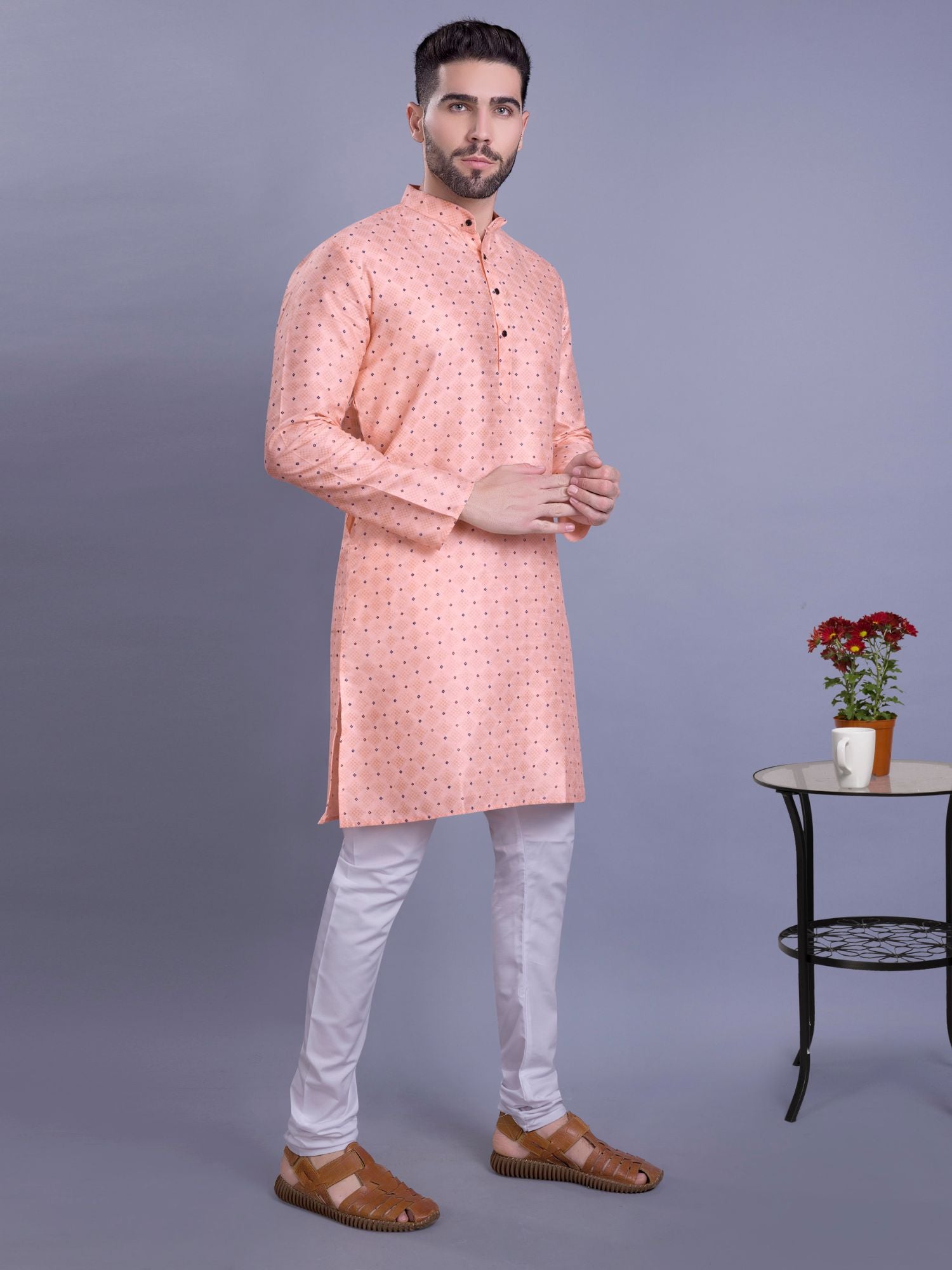 Coral Peach Hloom Printed Silk Kurta