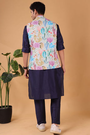 Iris Blue Solid Pattern Silk Kurta Jacket Set