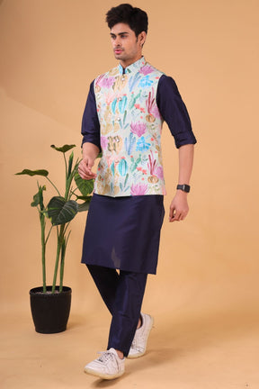 Iris Blue Solid Pattern Silk Kurta Jacket Set