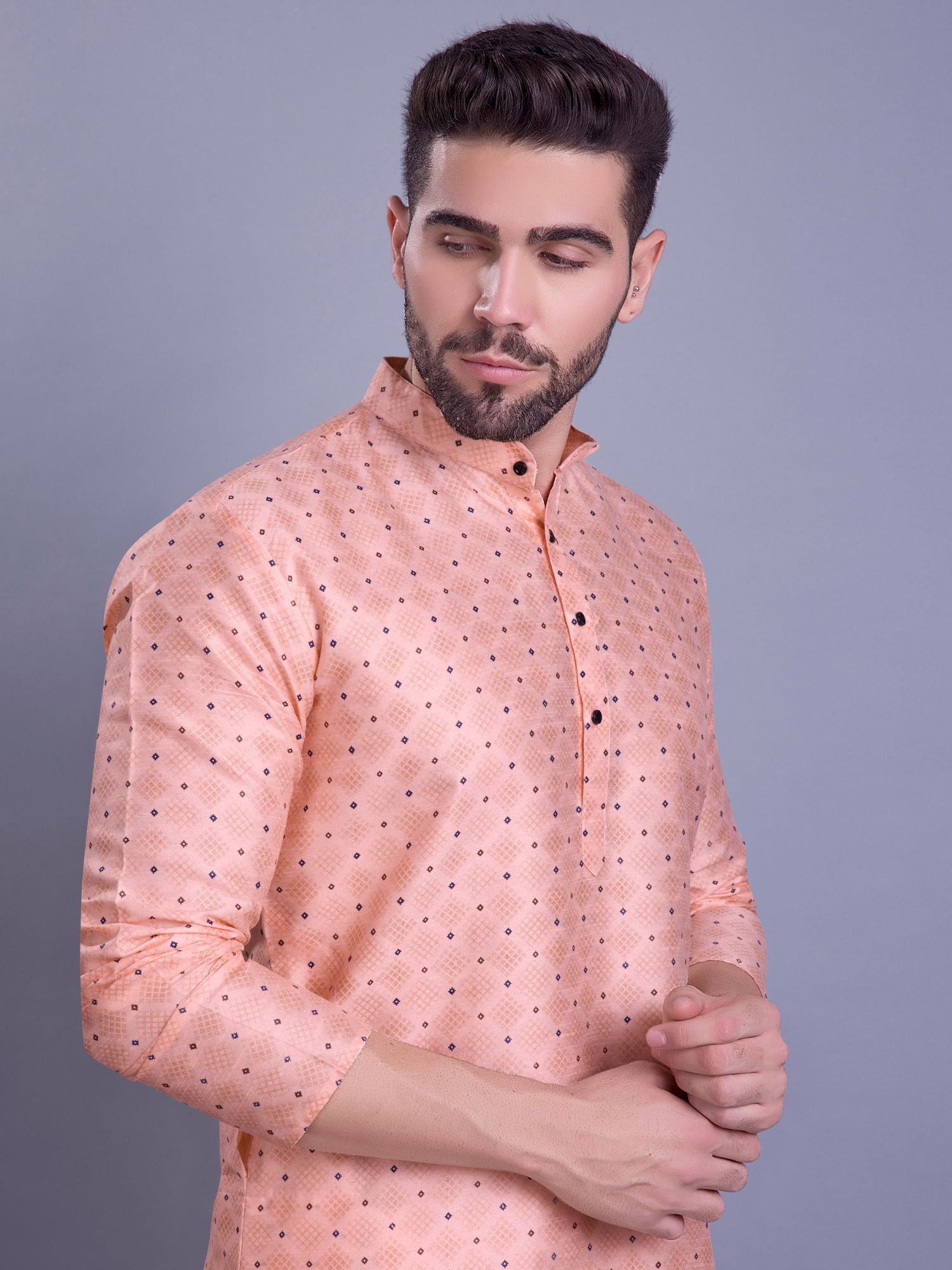 Coral Peach Hloom Printed Silk Kurta