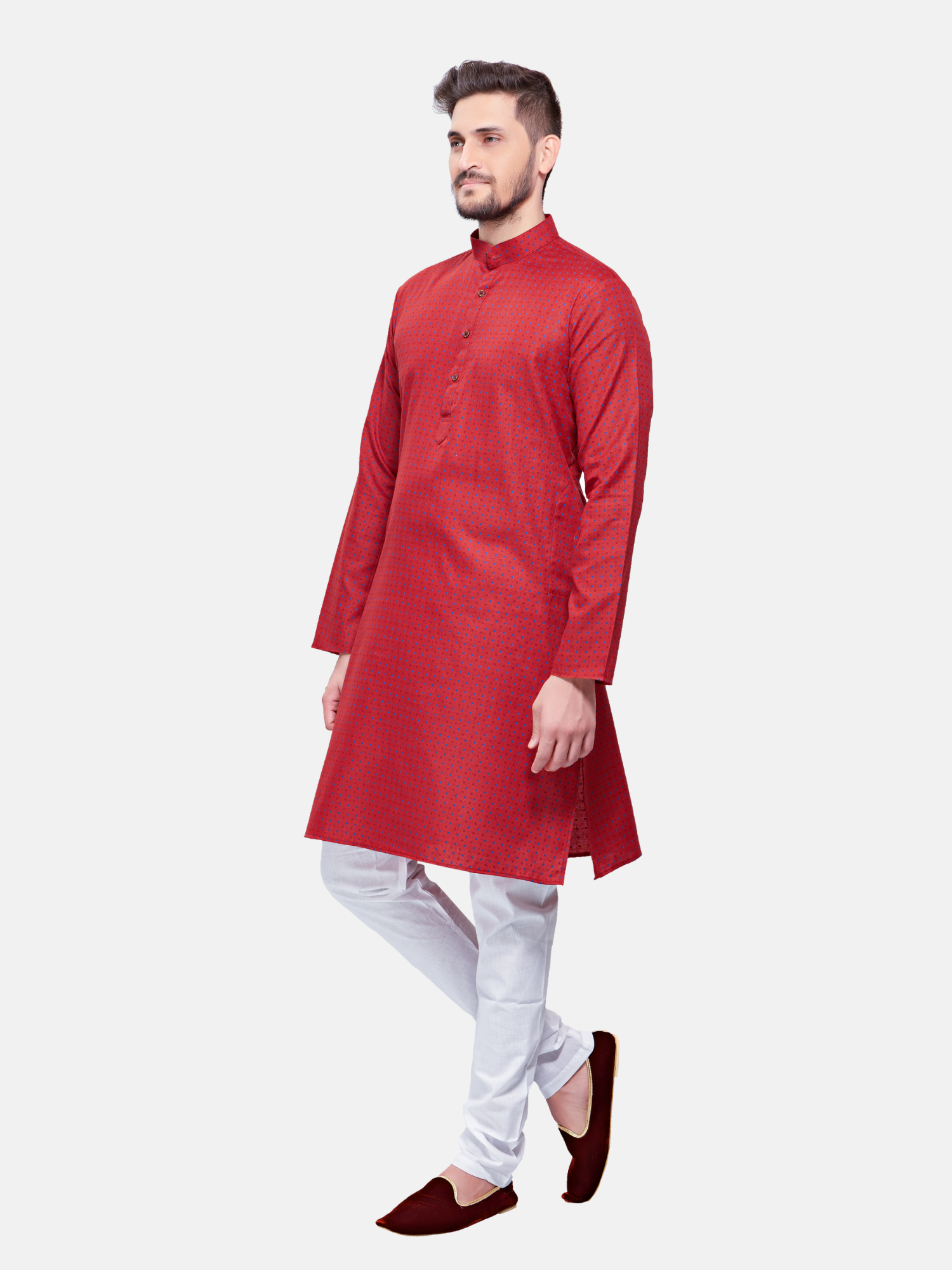 Barn Red Dot Printed Cotton  Kurta  and Matching Dhoti