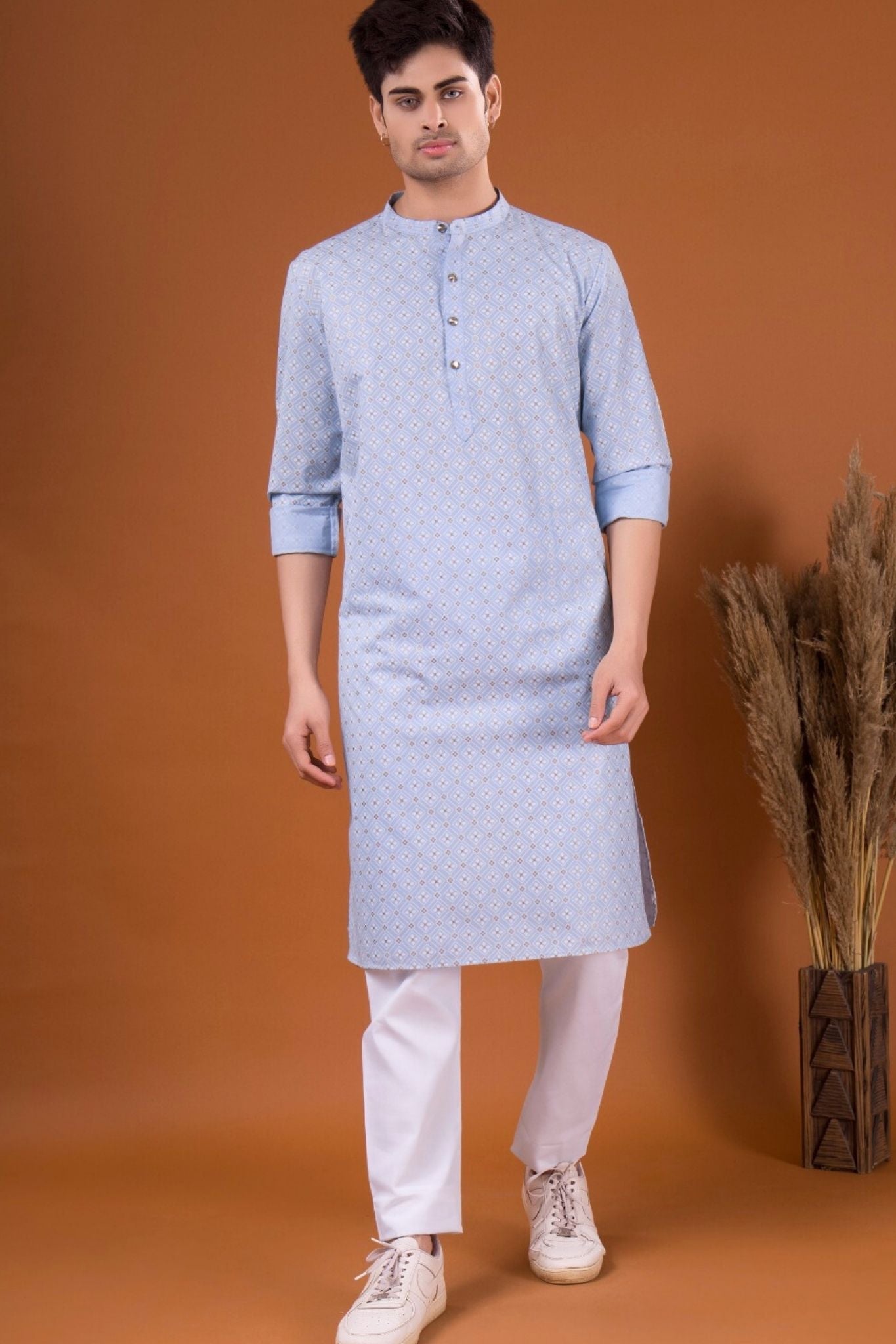 Azure Blue Lotus Gold Printed Cotton Kurta