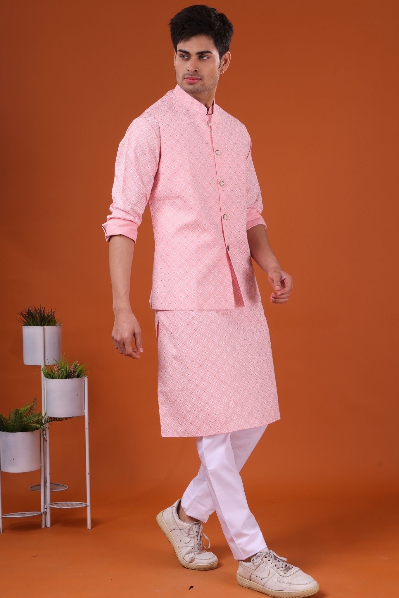 Persion Pink Lotus Gold Printed Cotton Kurta Jacket Set