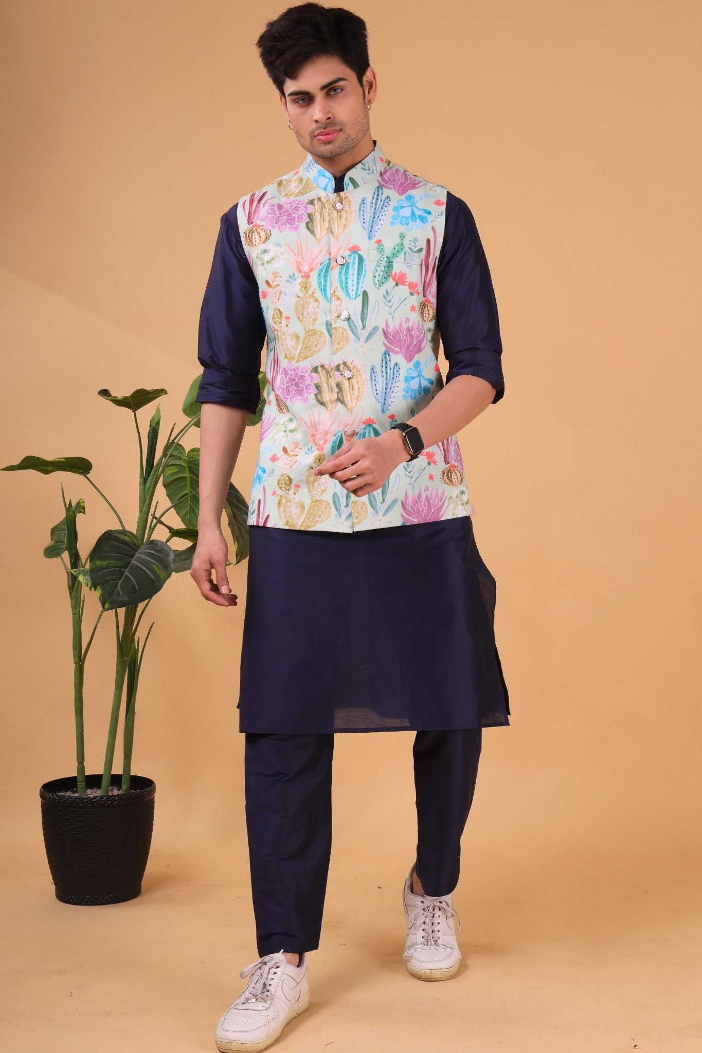 Iris Blue Solid Pattern Silk Kurta Jacket Set