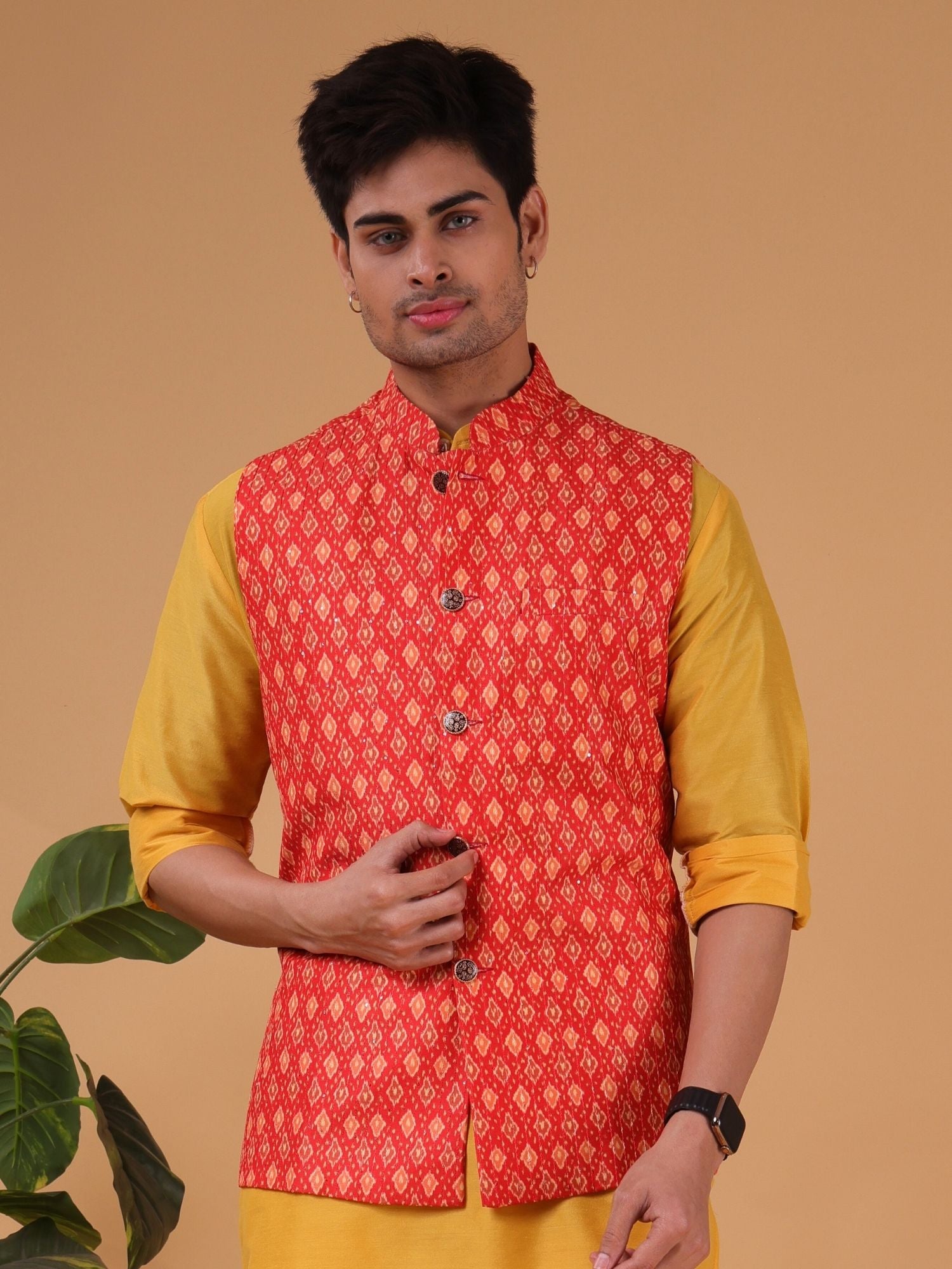 Shine Of Yellow Solid Pattern  Cotton Silk Kurta Jacket Set