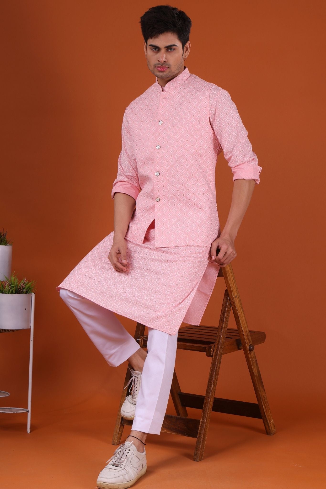 Persion Pink Lotus Gold Printed Cotton Kurta Jacket Set