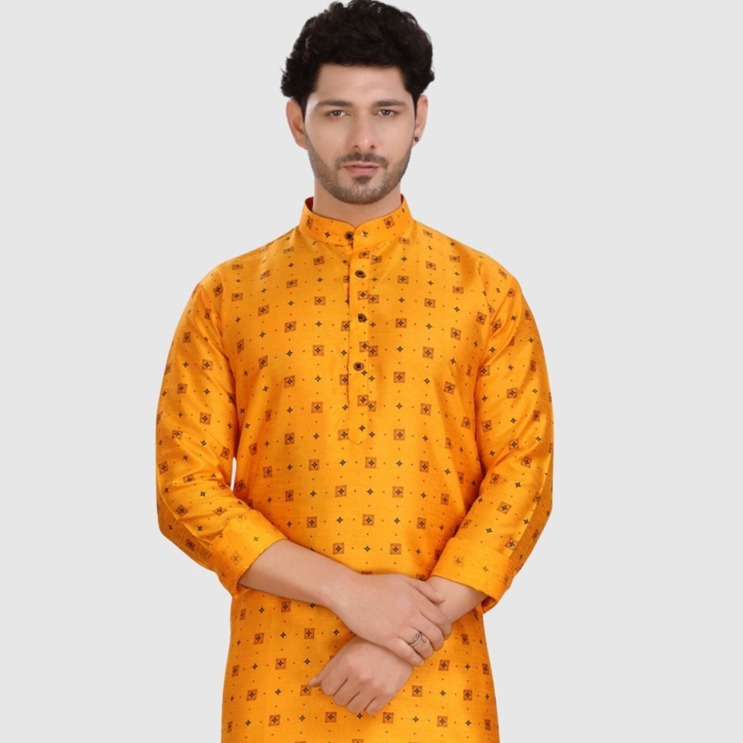 Sun Shine Yellow Silk Printed Kurta  and Matching Dhoti