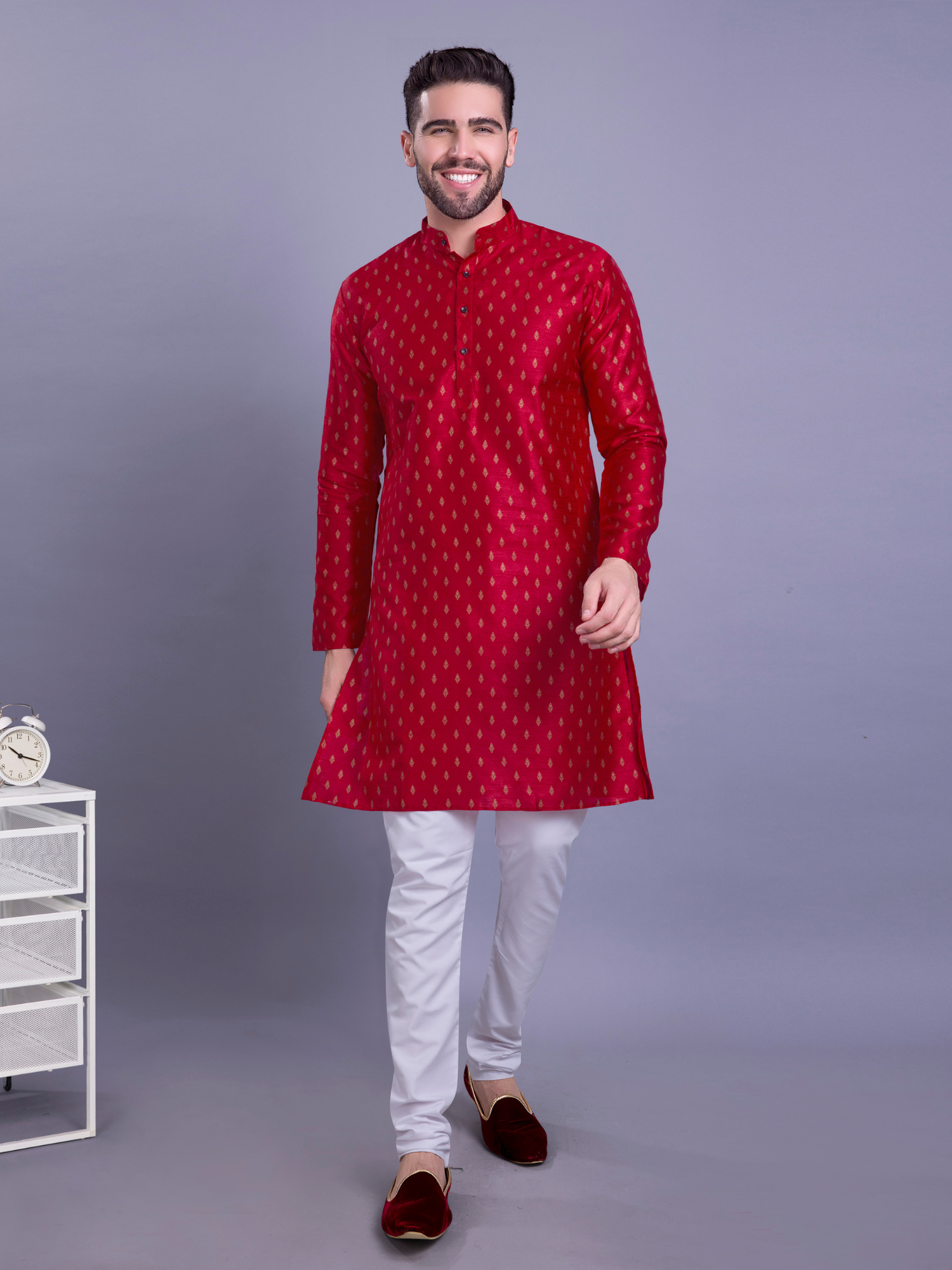 Coral Peach Hloom Printed Silk Kurta