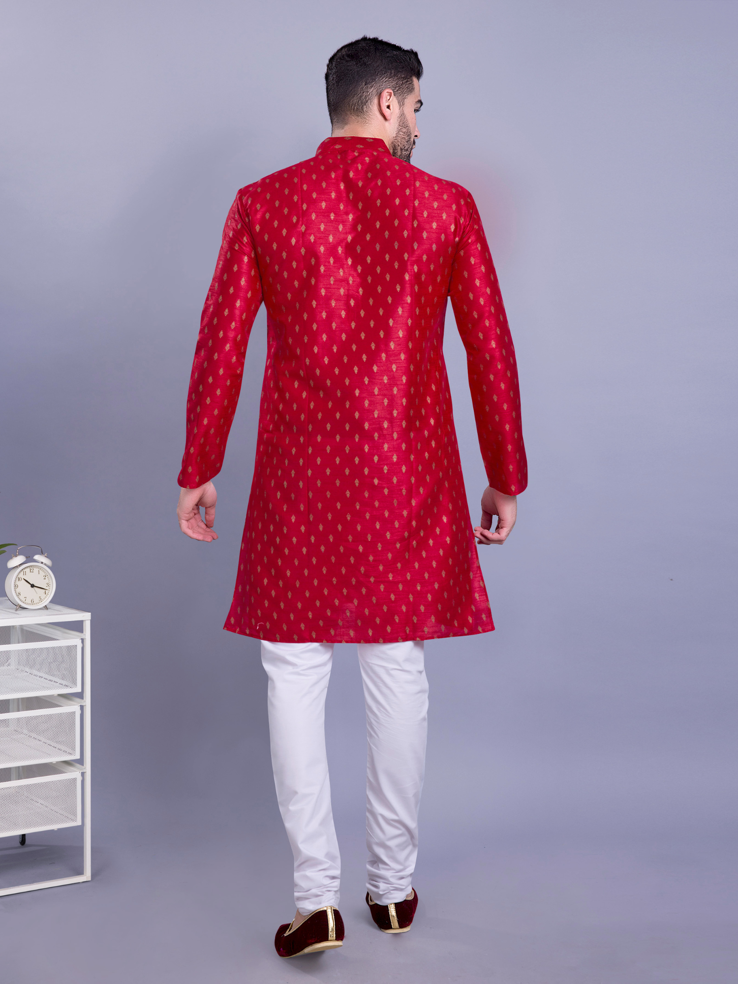 Coral Peach Hloom Printed Silk Kurta