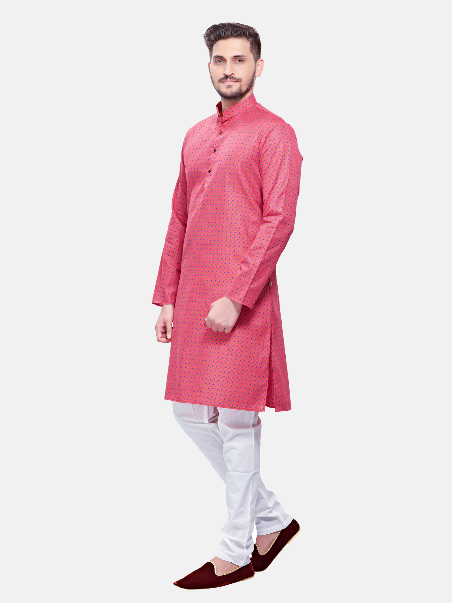 Persion Pink Dot Printed  Cotton Kurta and Matching Dhoti