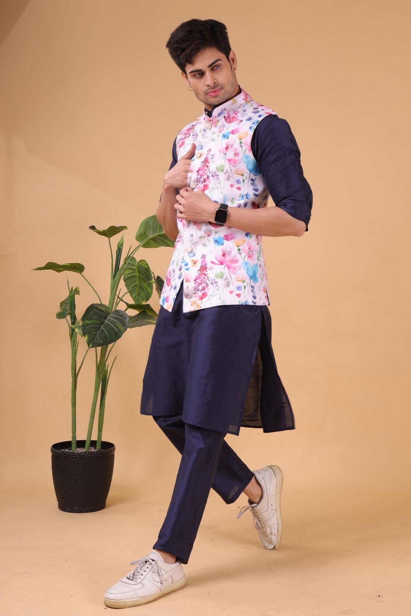 Multicolor Solid Pattern Silk Kurta Jacket Set