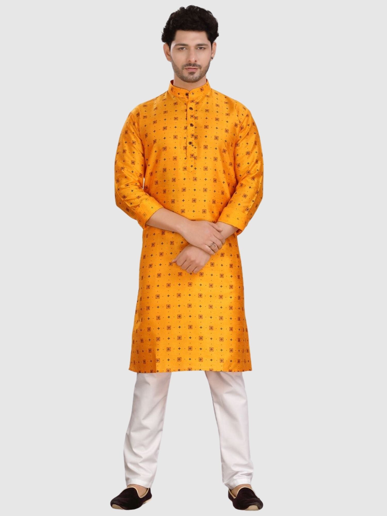 Sun Shine Yellow Silk Printed Kurta  and Matching Dhoti