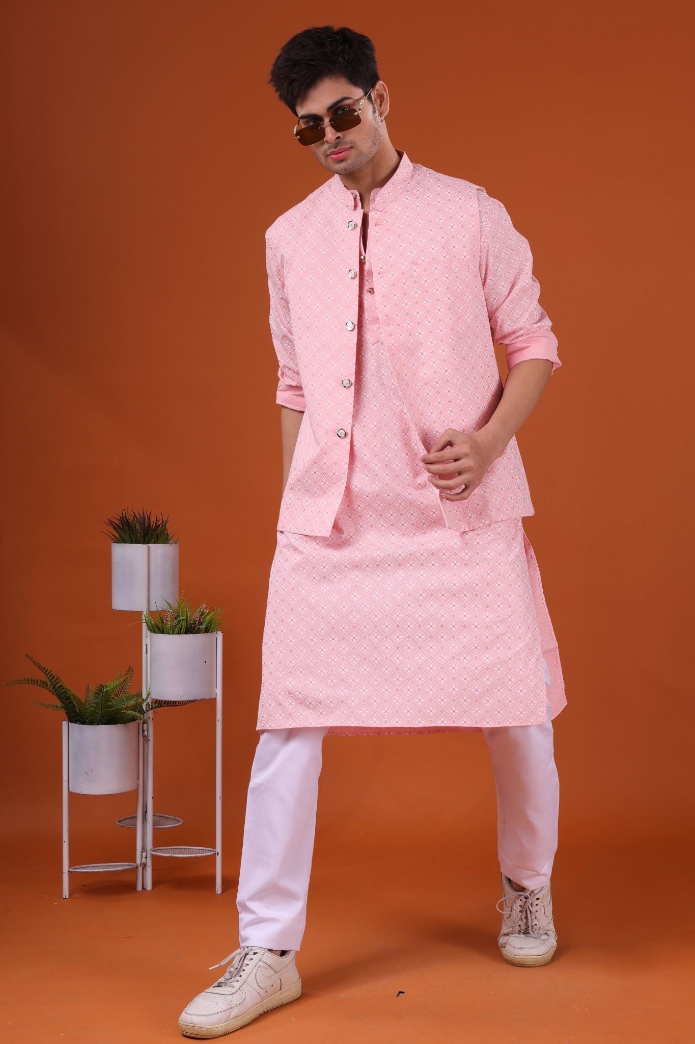 Persion Pink Lotus Gold Printed Cotton Kurta Jacket Set