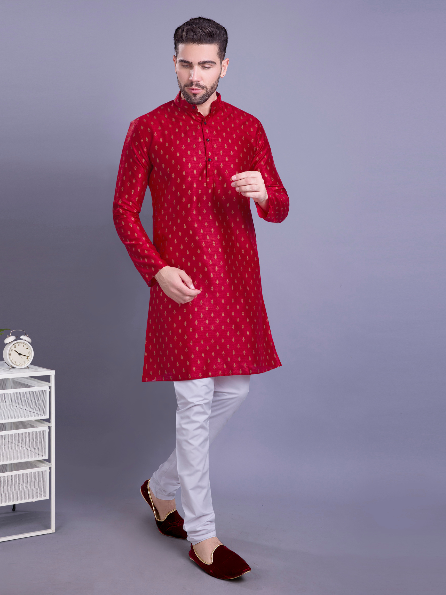 Coral Peach Hloom Printed Silk Kurta