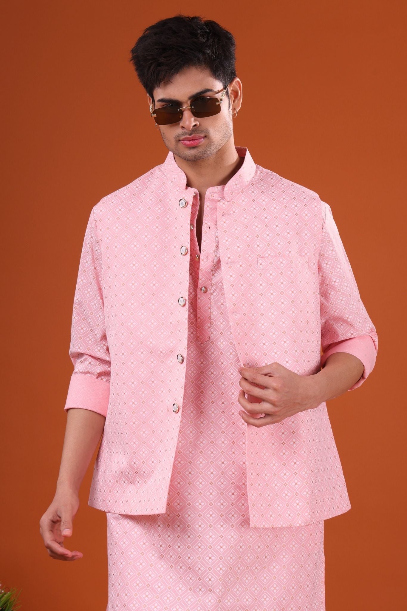 Persion Pink Lotus Gold Printed Cotton Kurta Jacket Set