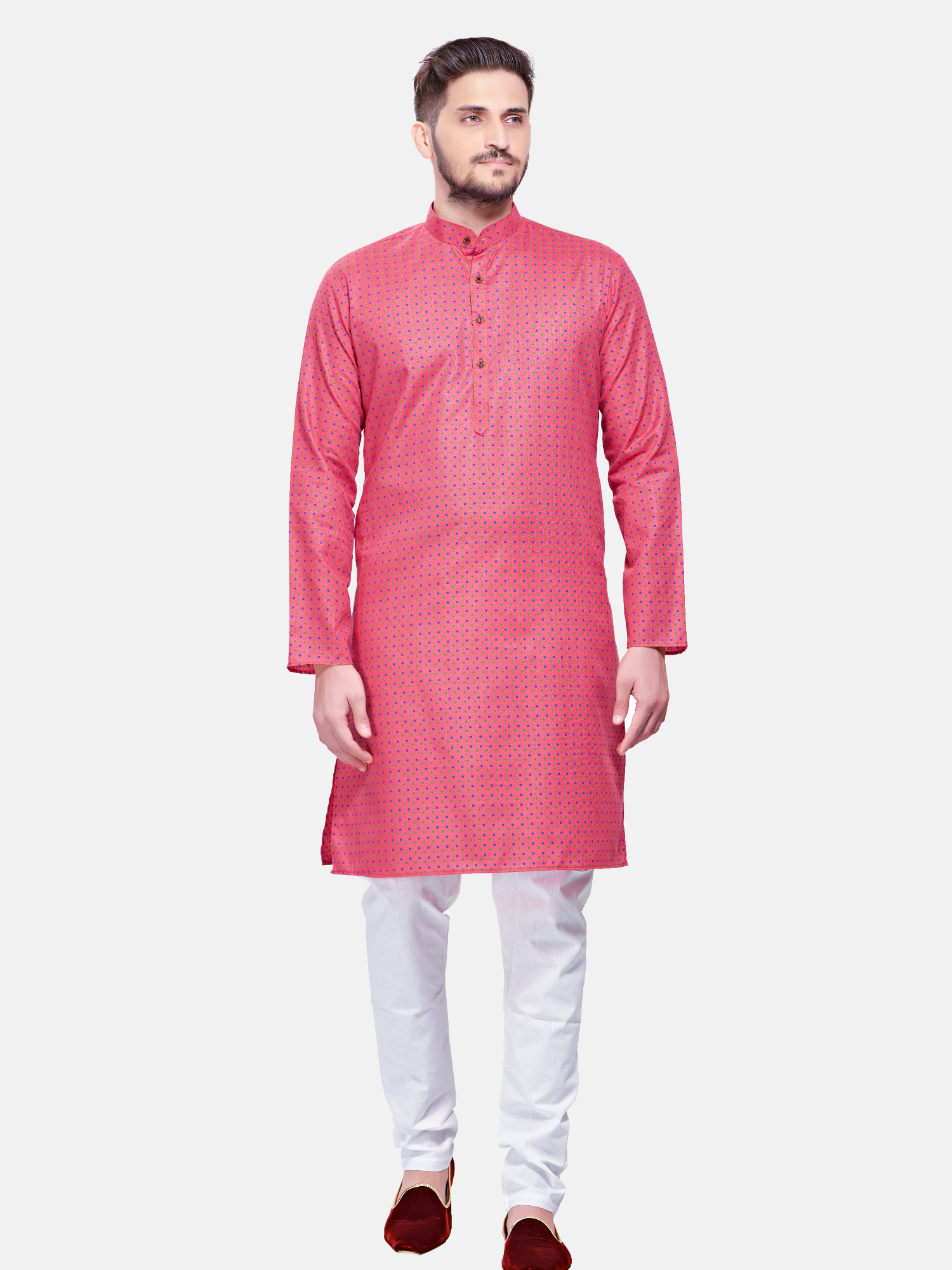 Persion Pink Dot Printed  Cotton Kurta and Matching Dhoti