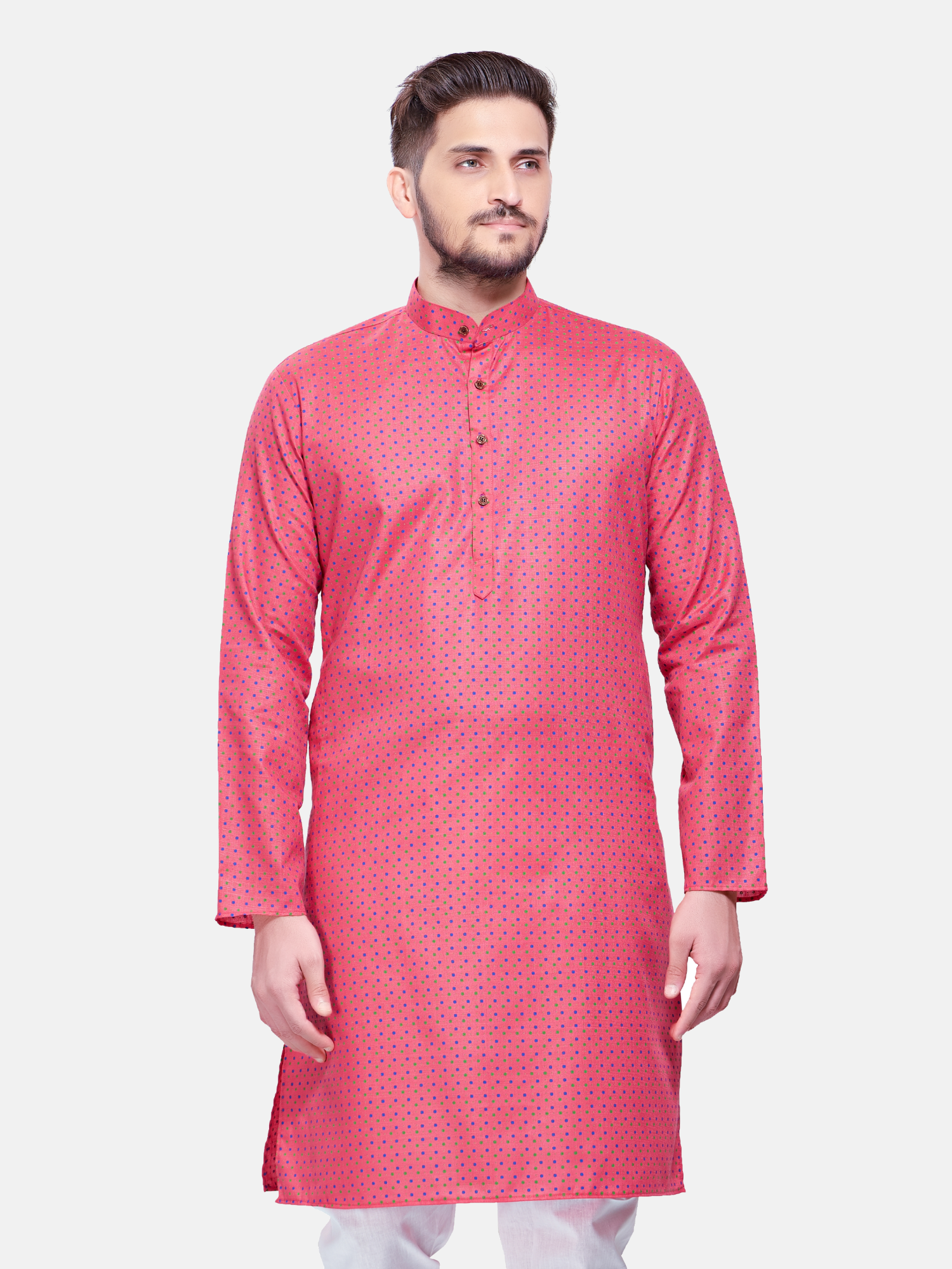 Persion Pink Dot Printed  Cotton Kurta and Matching Dhoti