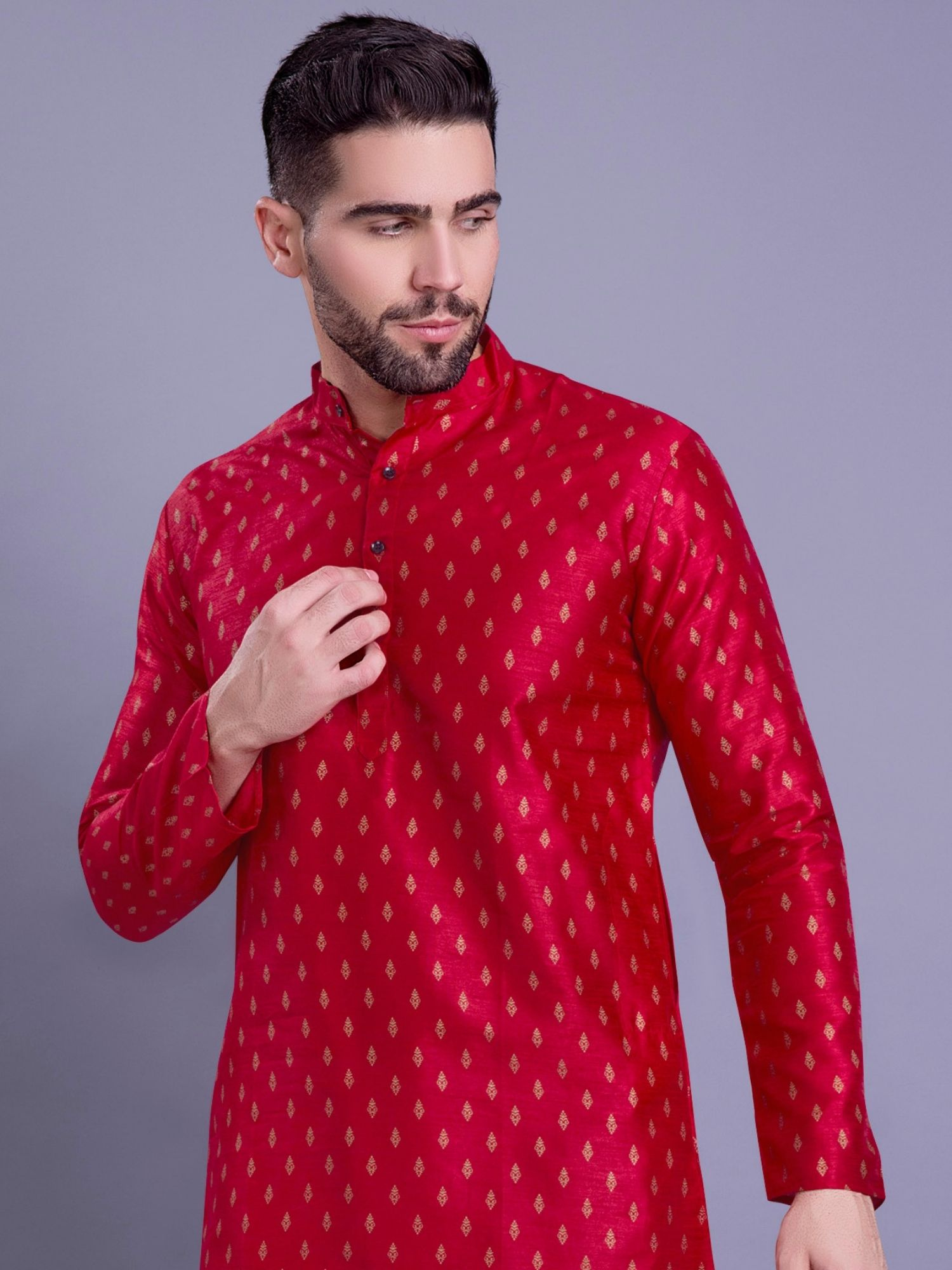 Coral Peach Hloom Printed Silk Kurta