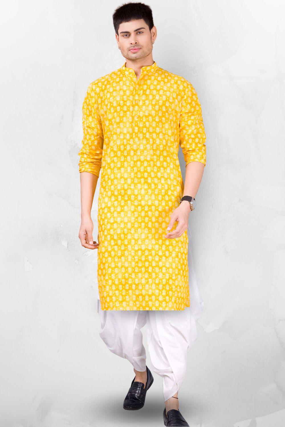 Shine Of Yellow Paisley Design Cotton Kurta Peshawari Set