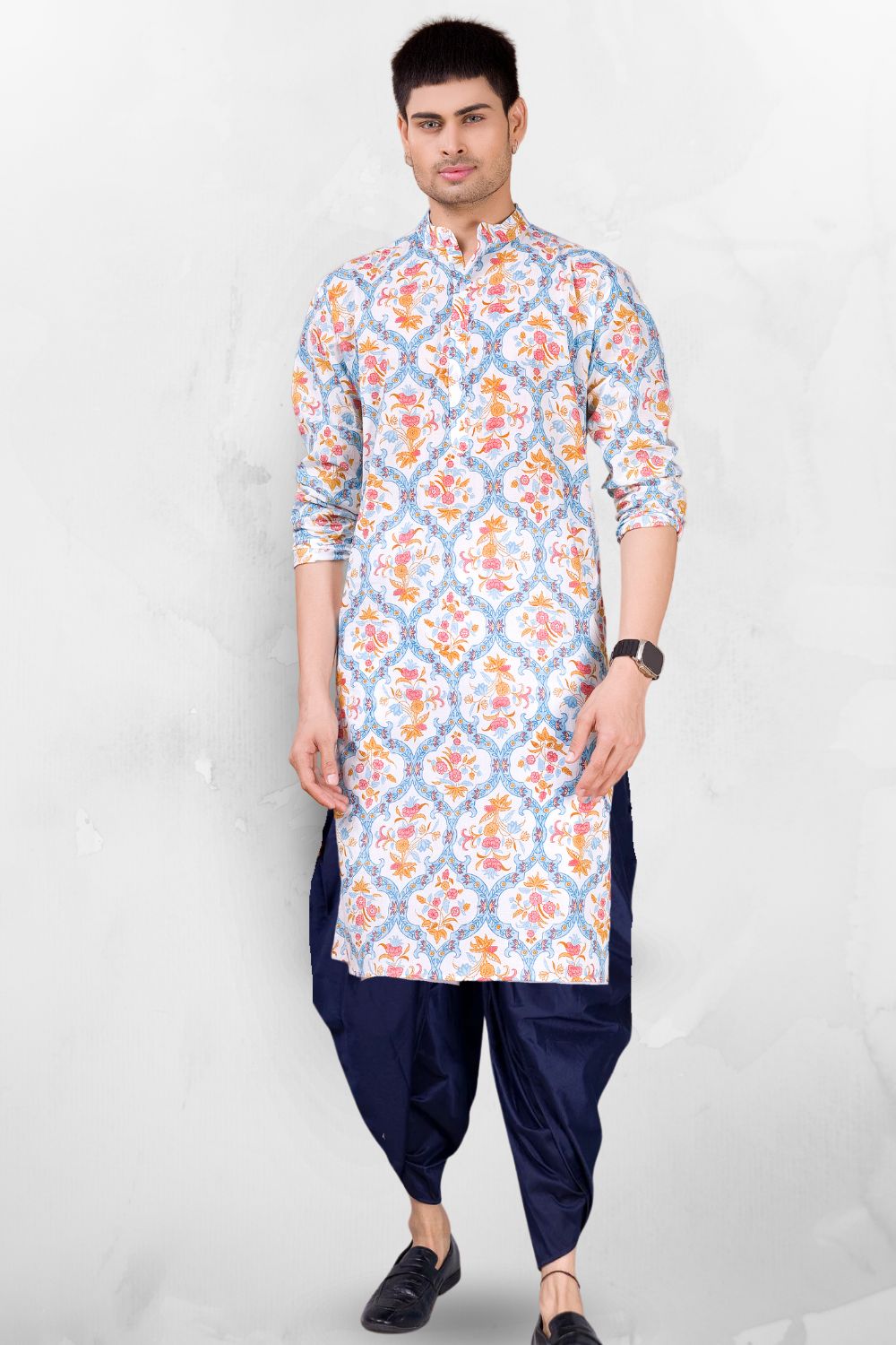 Iris Blue Paisley Design Cotton Kurta Peshawari Set