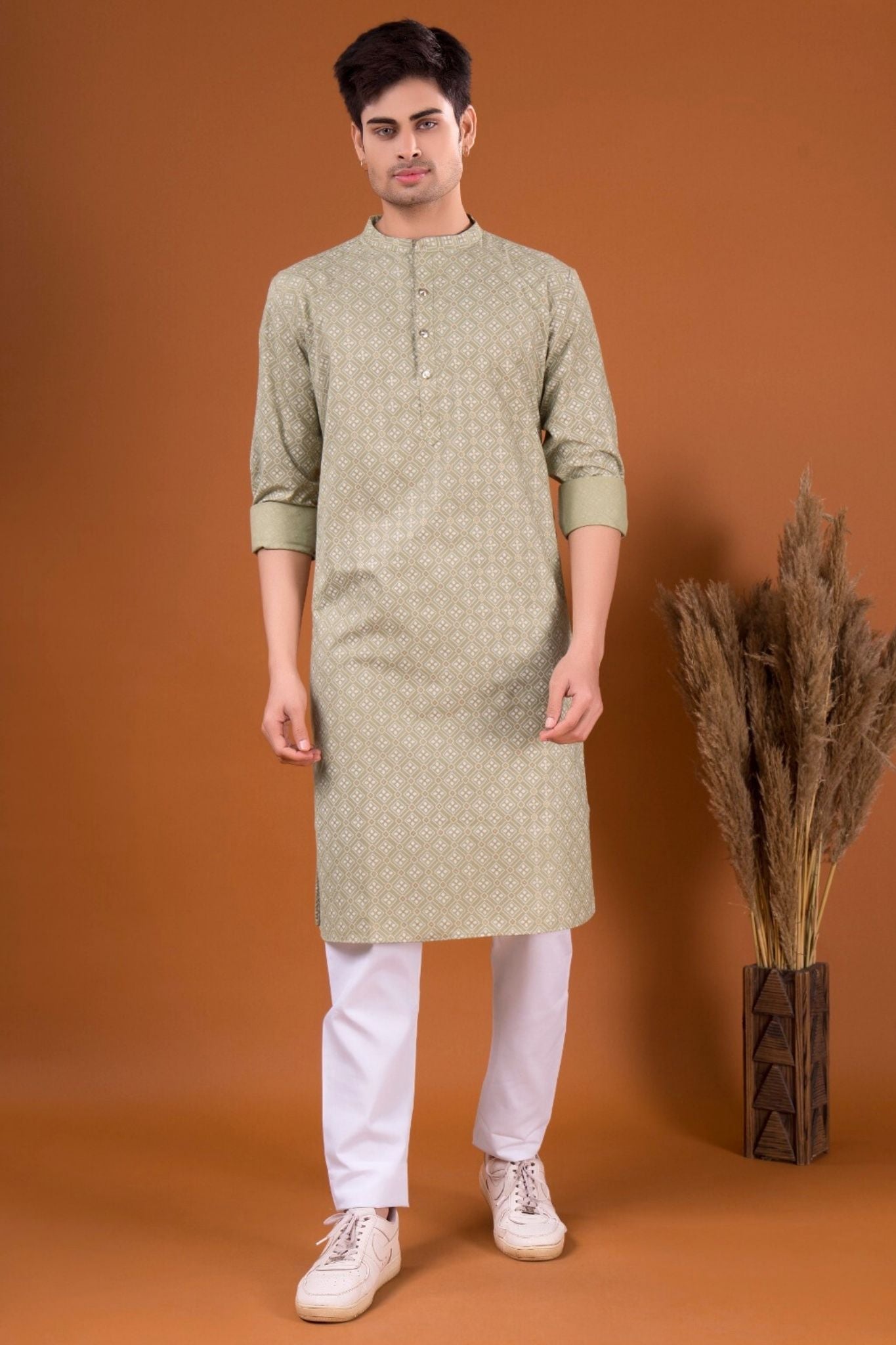 Tropical Green Lotus Gold Printed Cotton Kurta