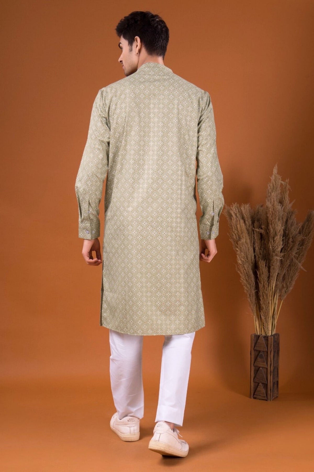 Tropical Green Lotus Gold Printed Cotton Kurta