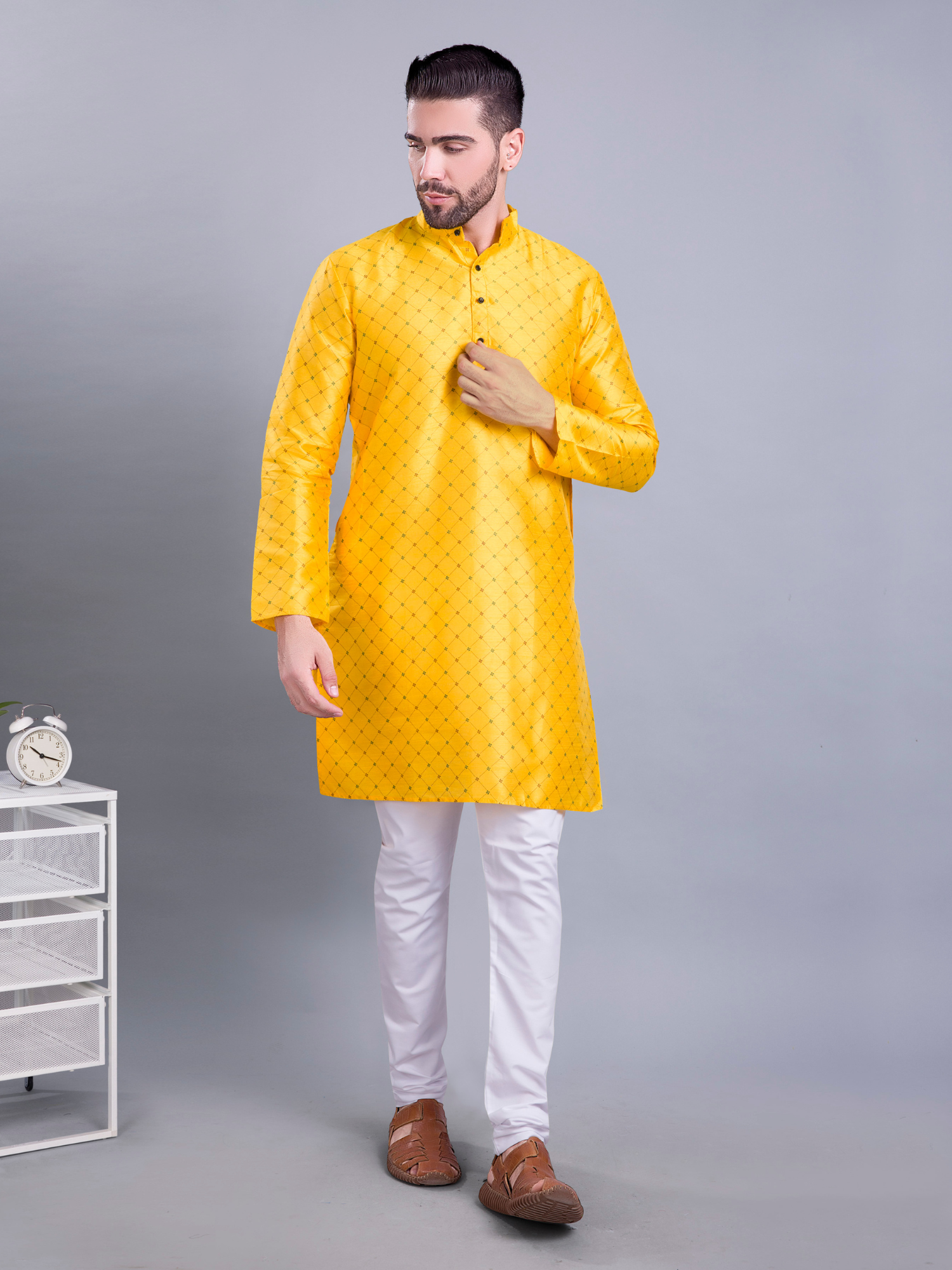 Coral Peach Hloom Printed Silk Kurta