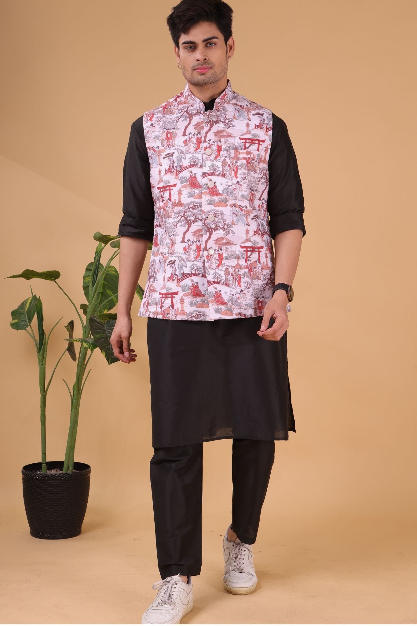 Cider Brown Solid Pattern Silk Kurta Jacket Set