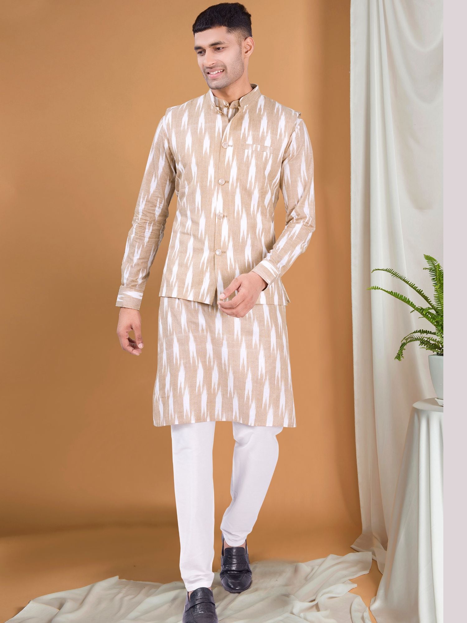 Cider Brown Ikat Print Kurta Jacket Set