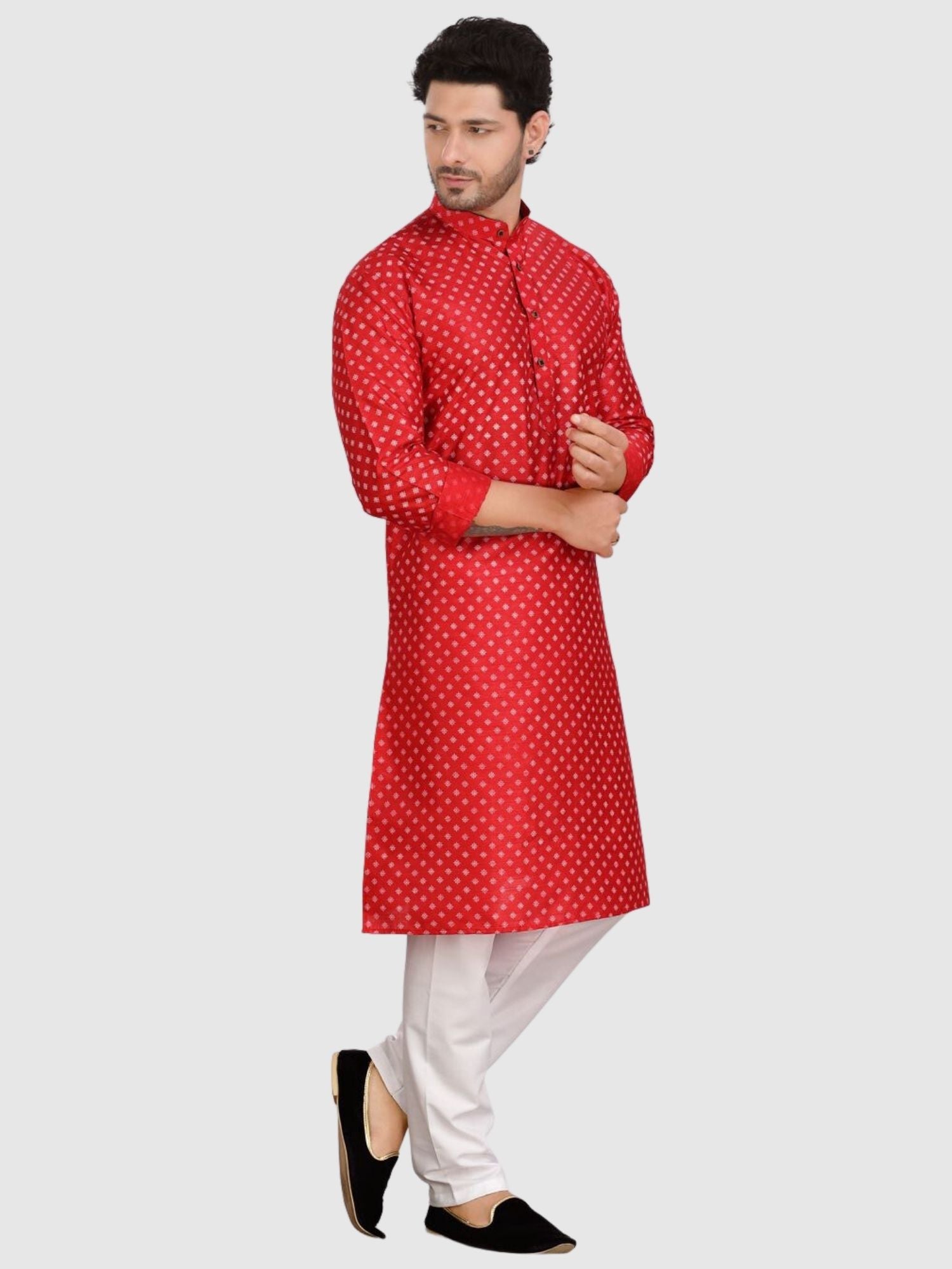 Barn Red Silk Printed Kurta  and Matching Dhoti