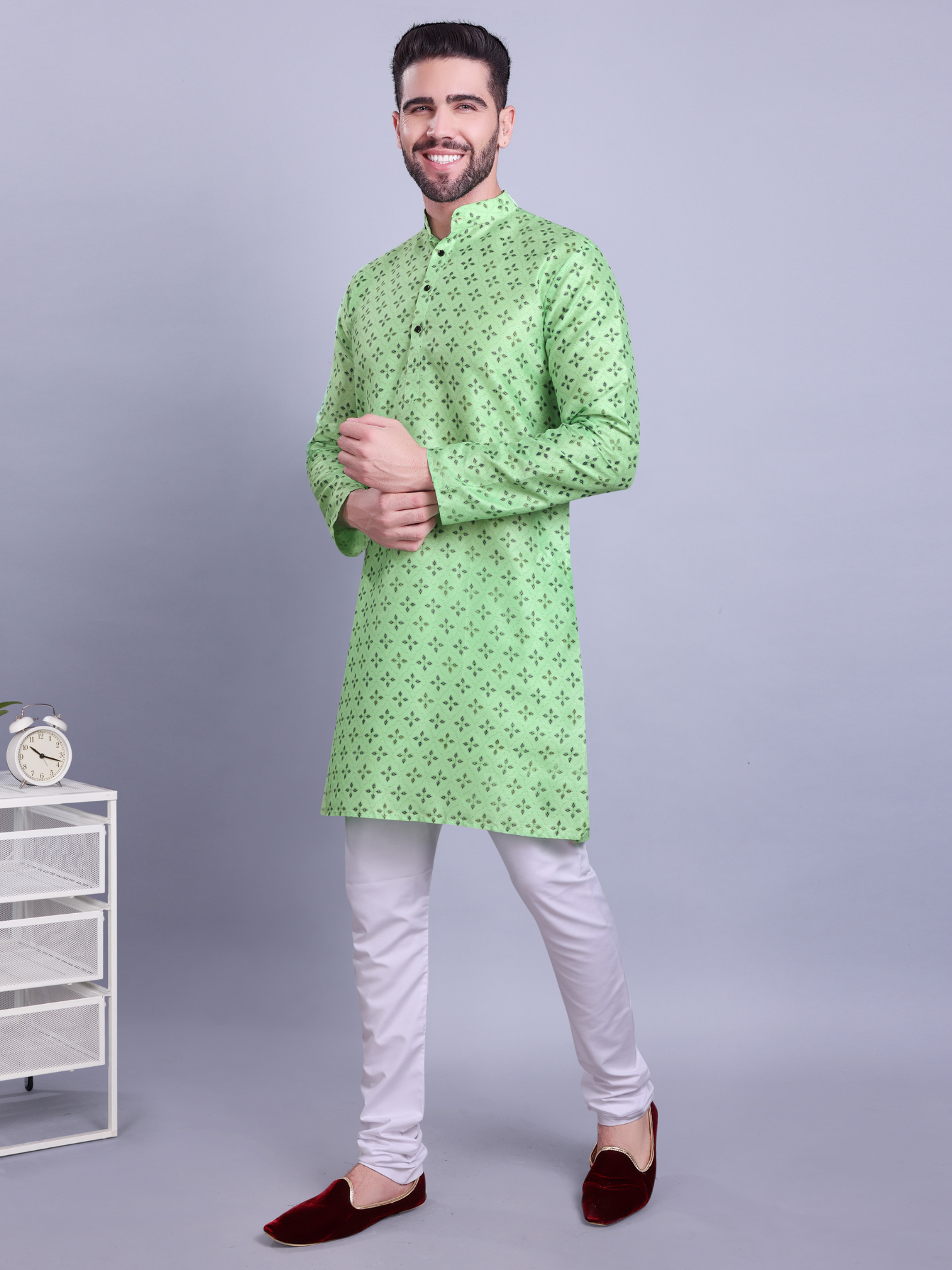 Coral Peach Hloom Printed Silk Kurta