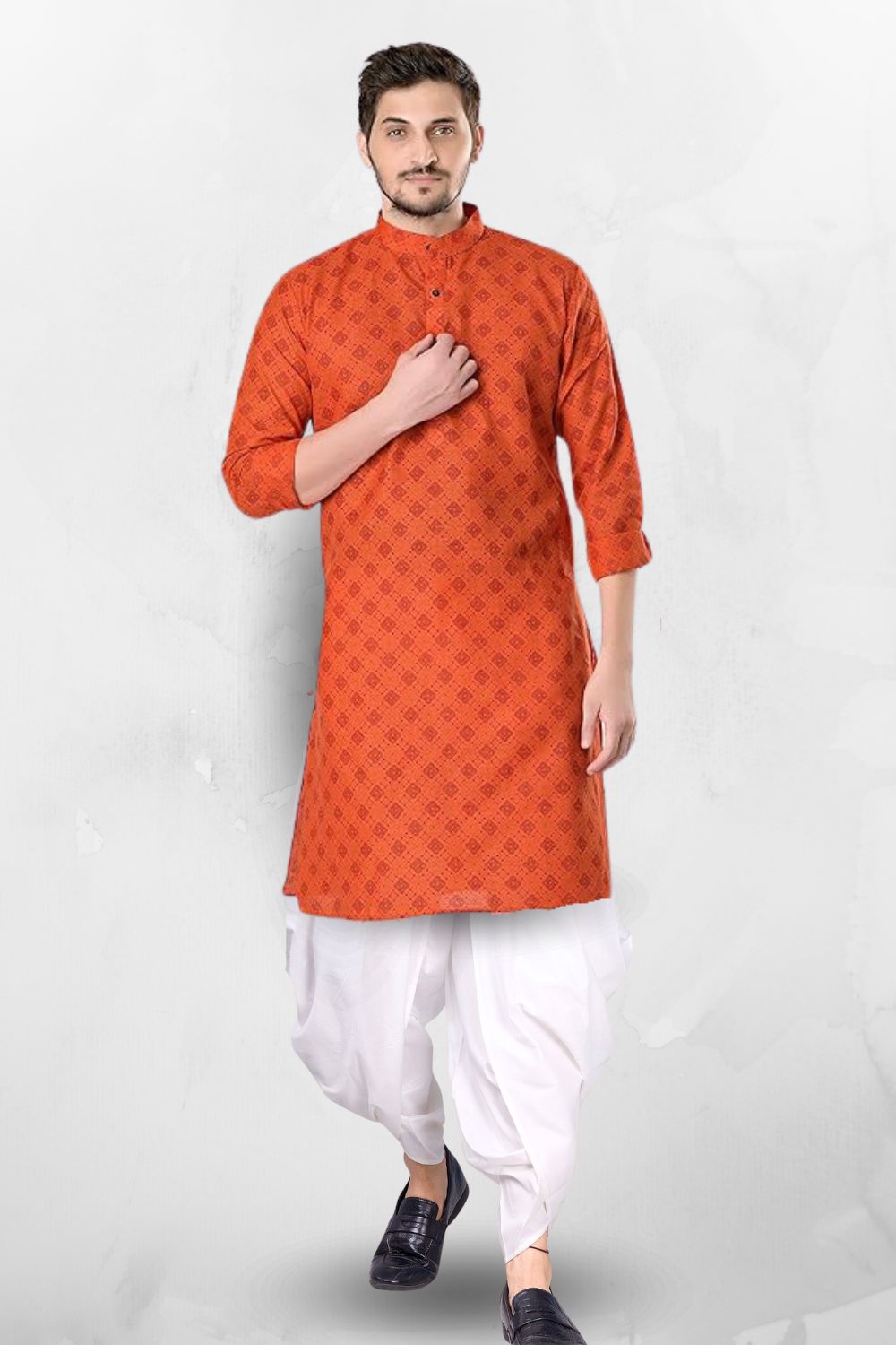 Tiger Orange Cotton Designer Printed Kurta Peshawari Set