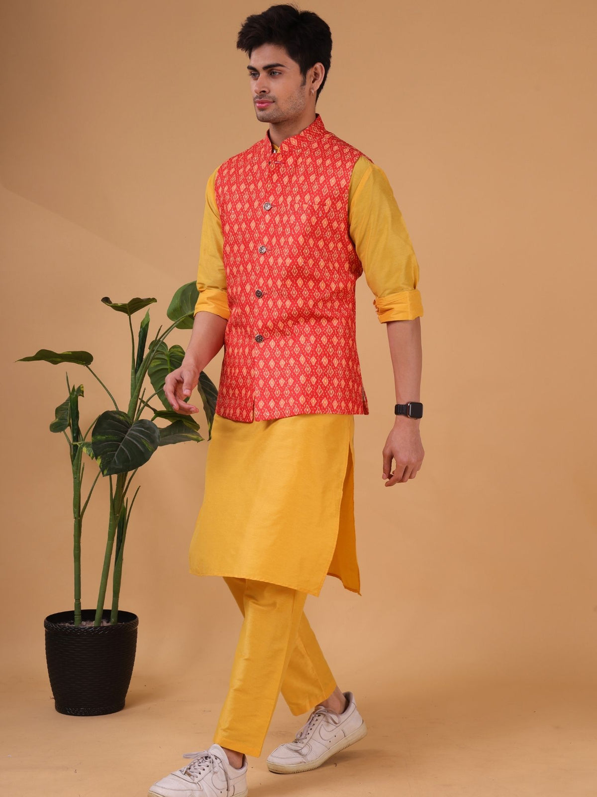 Apricot Orange Buti Print Silk Nehru Jacket