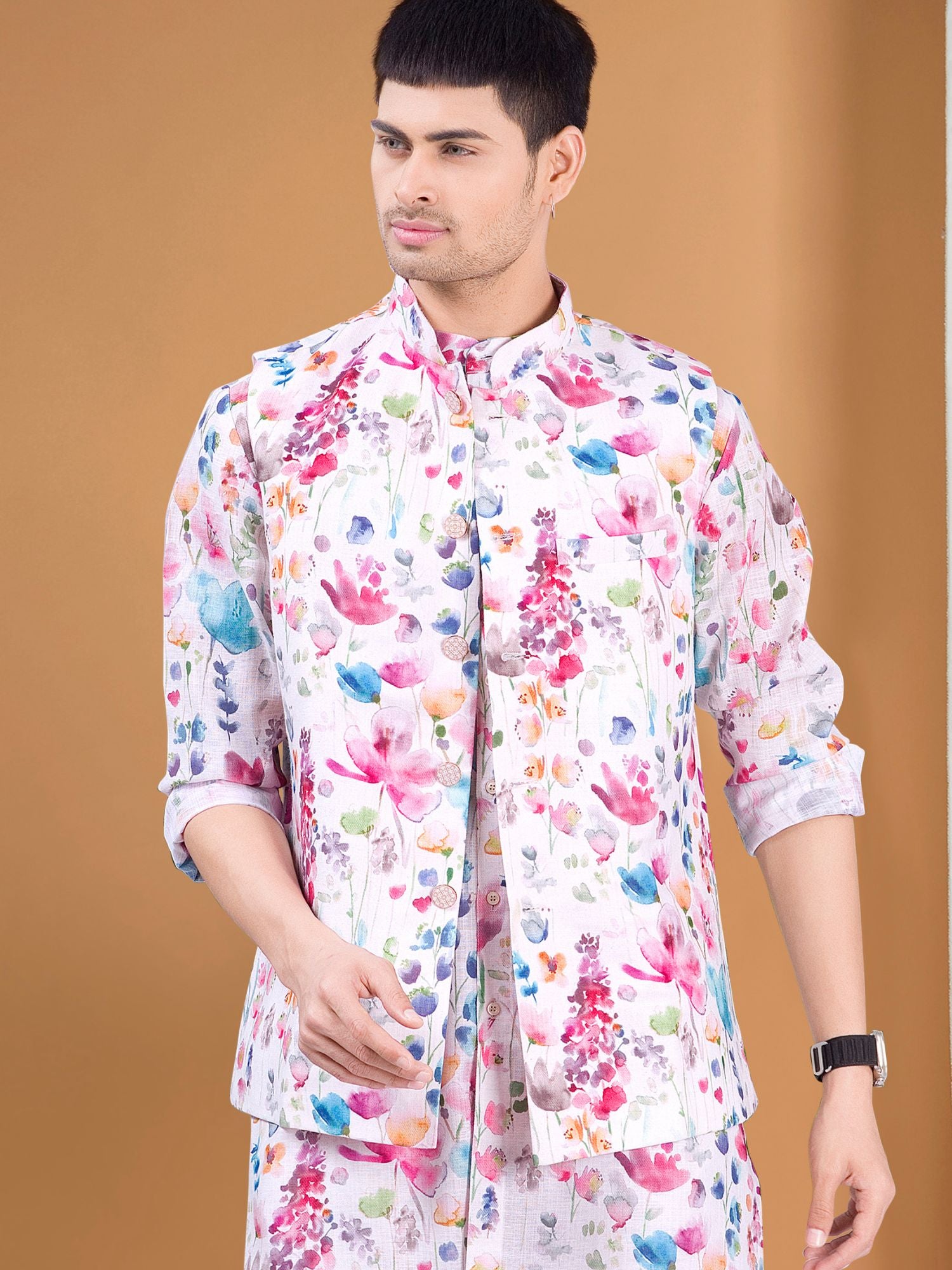 Butter Cream Tropical Paradise Kurta Jacket Set