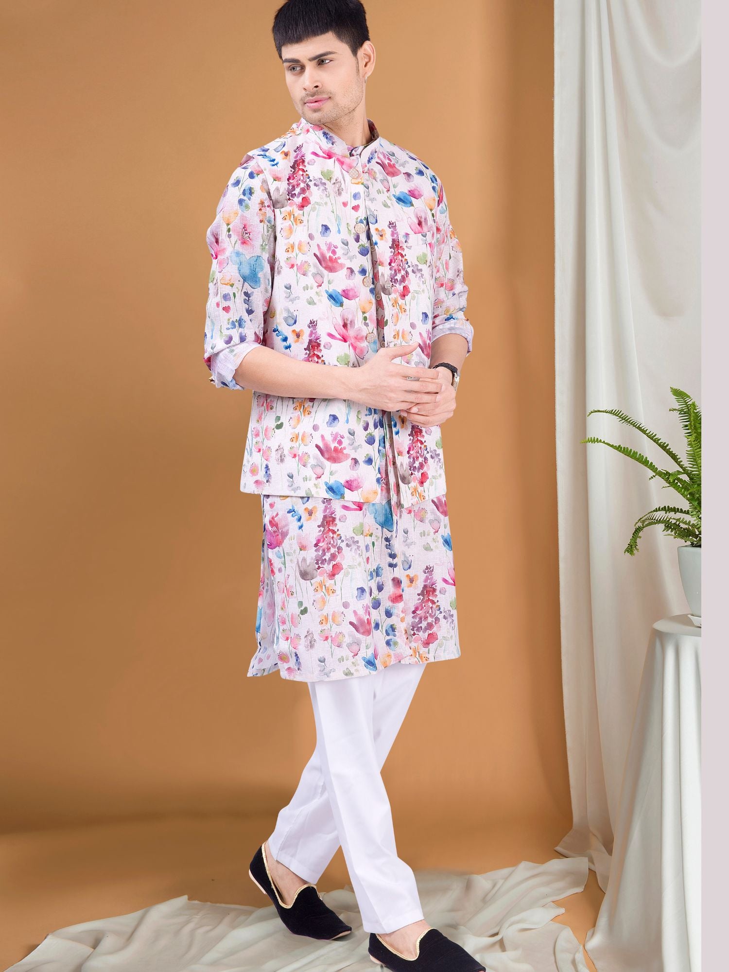 Butter Cream Tropical Paradise Kurta Jacket Set